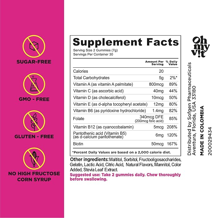 OH MY VIT! for Ellas Women’s Multivitamin Gummy with Vitamins C, E, and Biotin, Sugar Free Berry Flavor, 60 Count