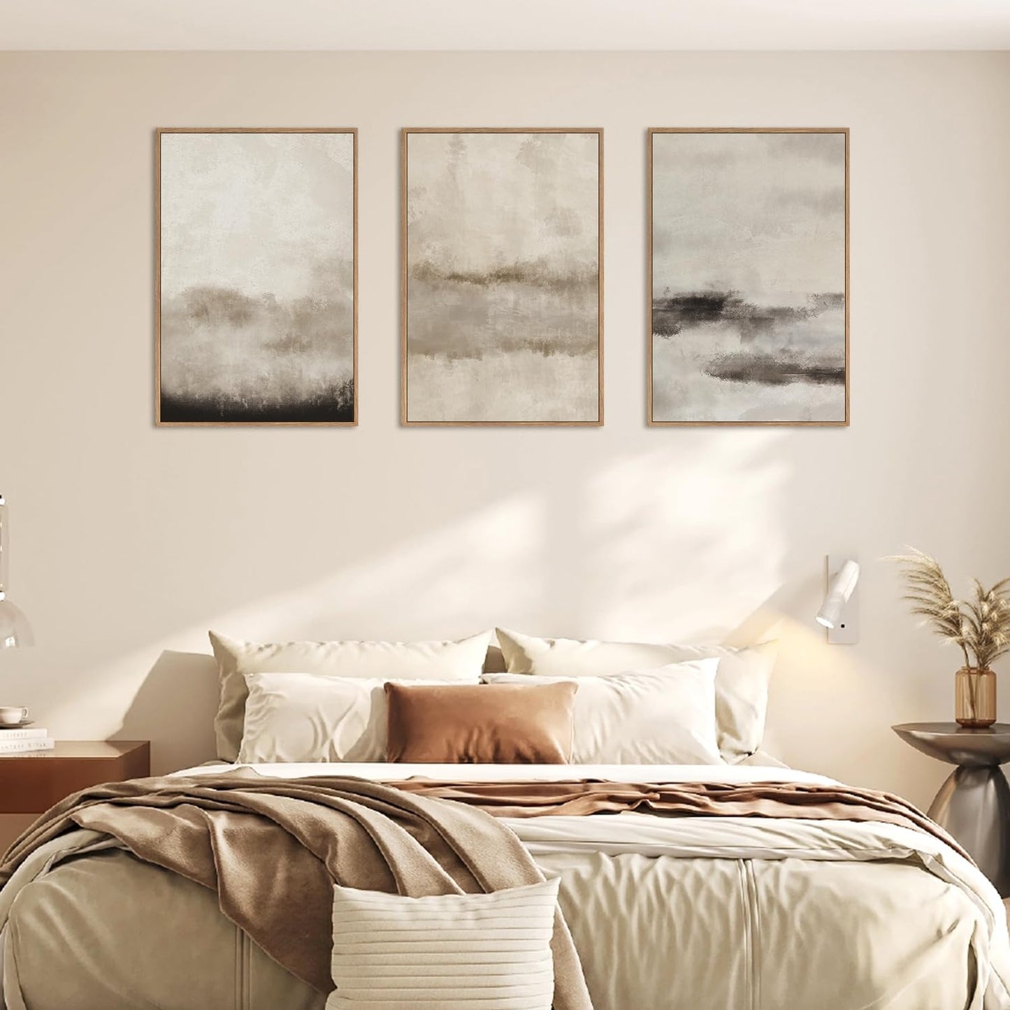 HPINUB Large Abstract Framed Canvas Wall Art Set,Minimalist Beige Gray Pastel Watercolor Wall Decor,Modern Illustration Neutral Art Painting for Living Room,Bedroom,Dining Room,Office -16"x24"x3