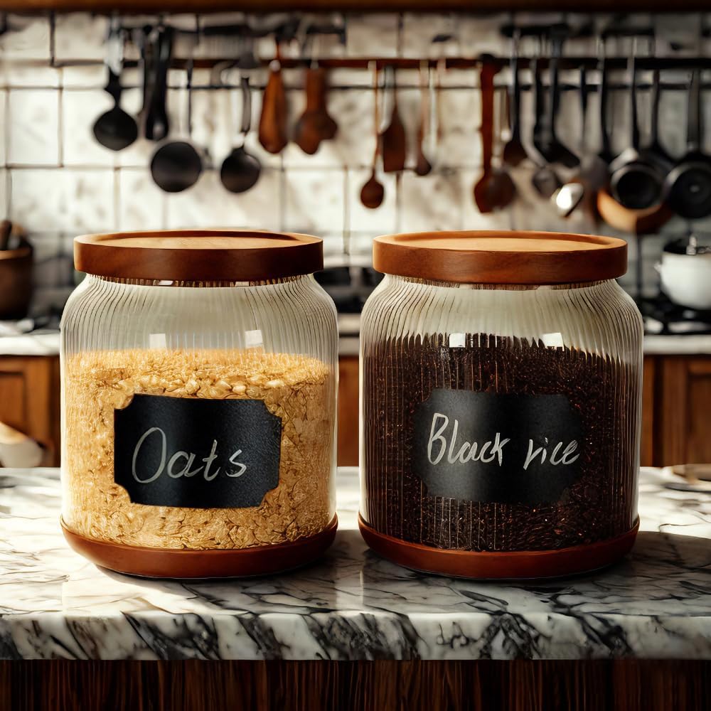 SAIOOL 2-Pack Striped Borosilicate Glass Airtight Canisters - Big mouth Large Capacity, Acacia Wood Lid, Food Storage Jars for Flour, Pasta, Pantry Organization (1/2 Gallon (Striped 2 pack))