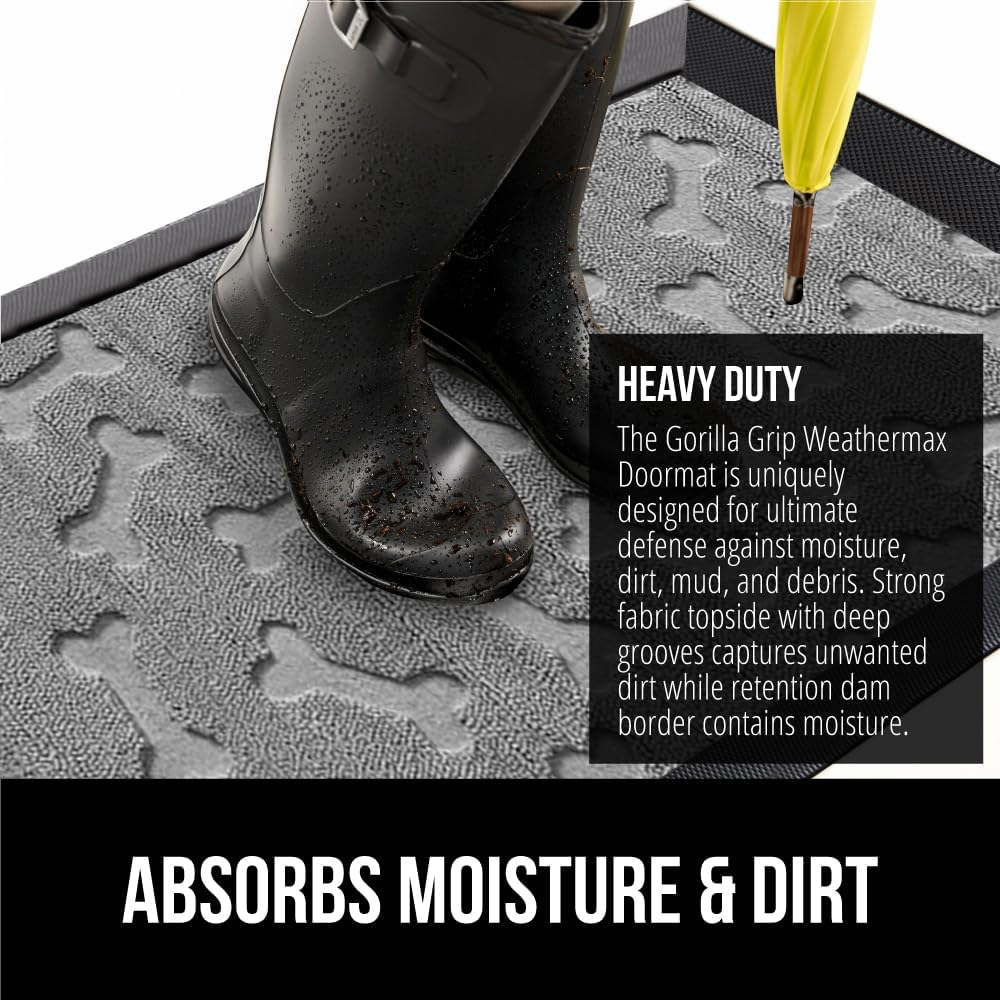 GORILLA GRIP 100% Waterproof All-Season WeatherMax Doormat, US Designed Natural Rubber, Stain and Fade Resistant, Low Profile Indoor Outdoor Door Mats, Easy Clean Patio Mat, 17x29, Light Gray Bones