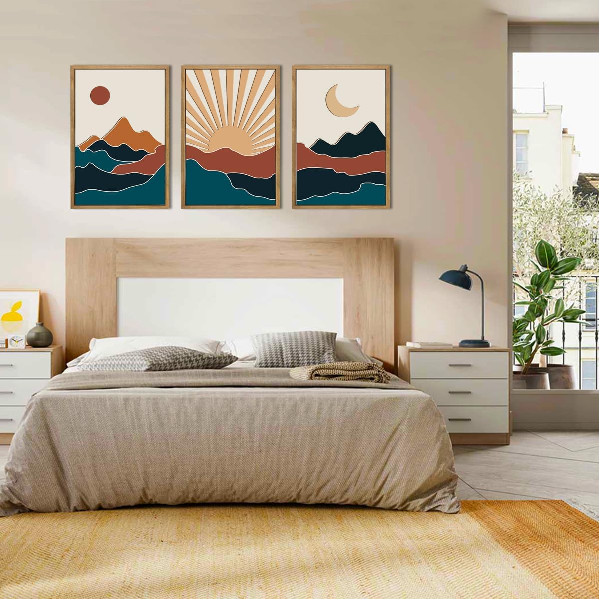 Large Boho Mountain Wall Art Set Modern Abstract Bohemian Wood Wall Decor Colorful Mid Century Neutral Artwork Sun and Moon Art Decor for Living Room Bedroom Office-16x24Inch x3
