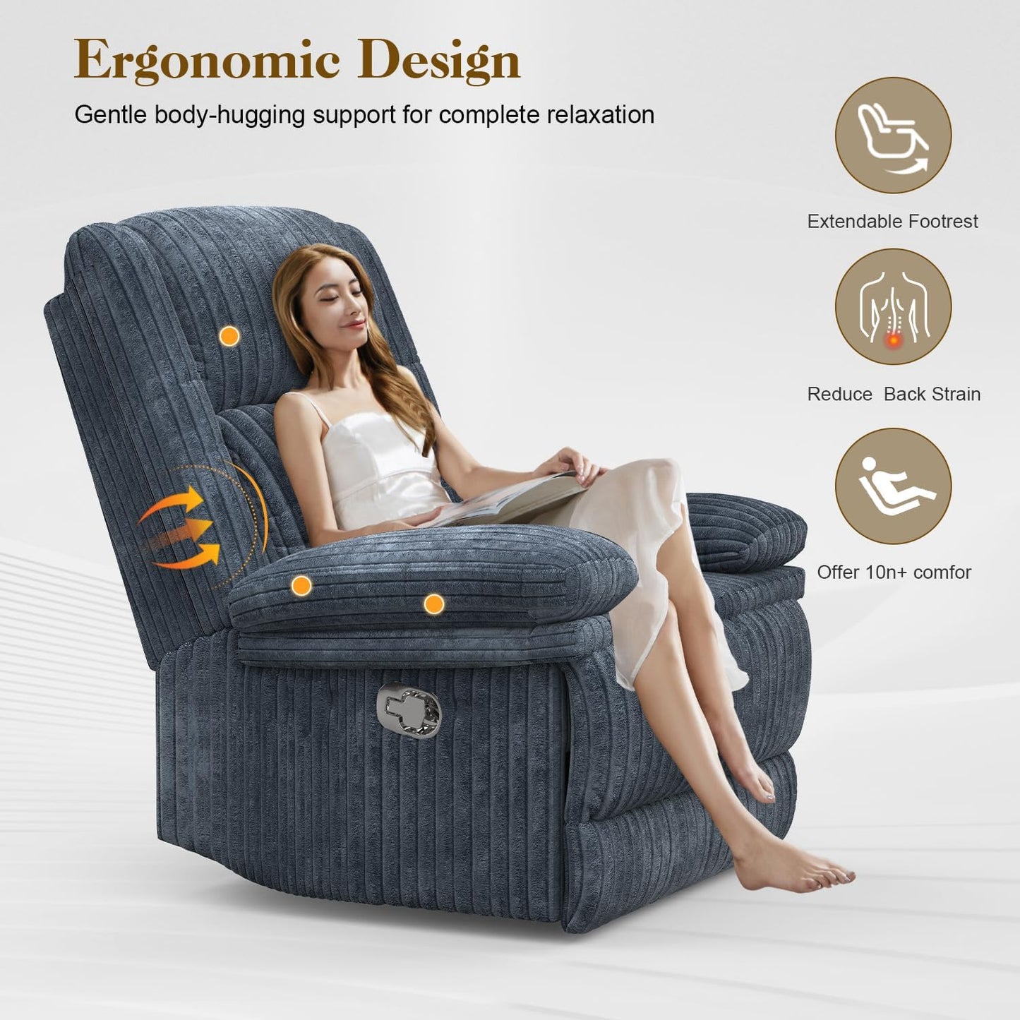 Recliner Chair for Adults, Oversized Manual Pull Tab Reclining Chair, 2-Tier Cushions, Minimalist Style Single Sofa for Living Room, RV (Corduroy)