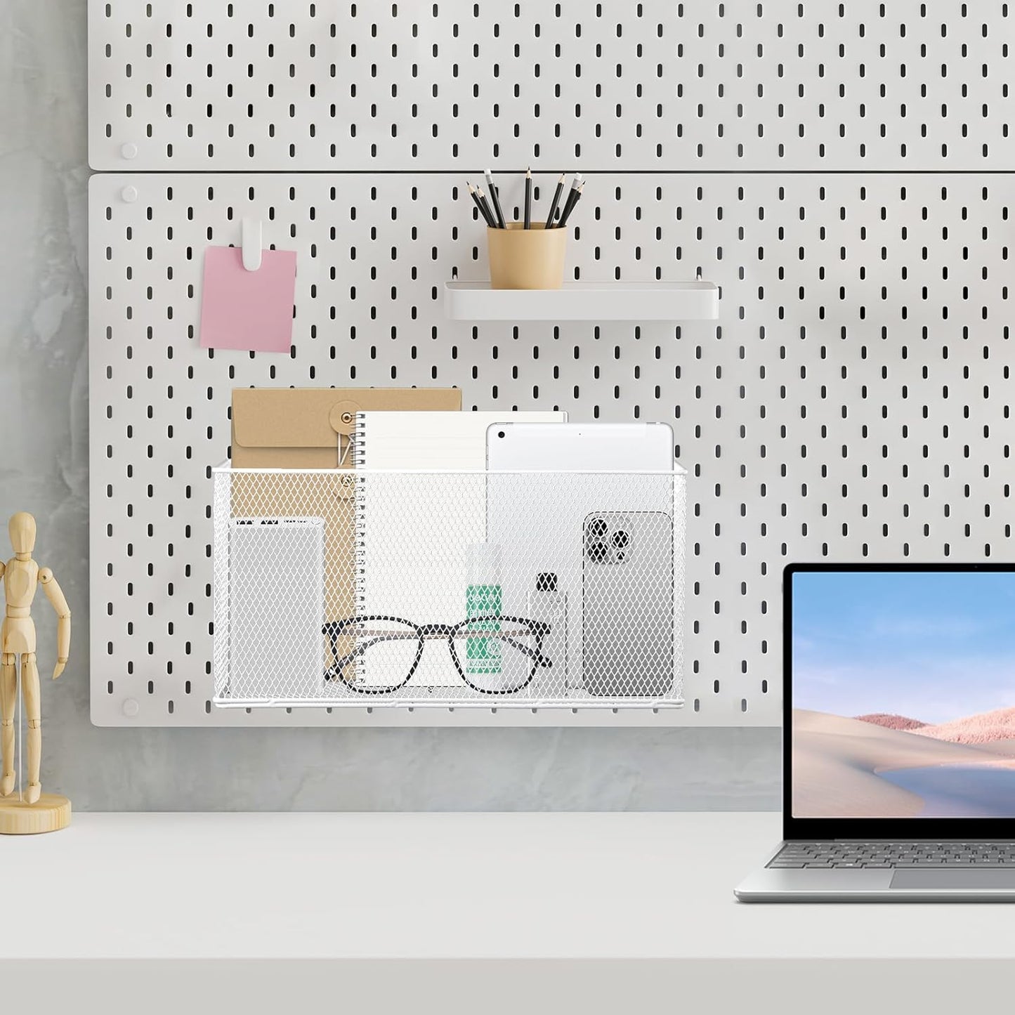 Magnetic Basket 13.77" x4.13" x7.08”,White Mesh Organizer and Holder for White Board and Refrigerator Magnetic Storage Bin Box Containers Organizer for Locker Accessories