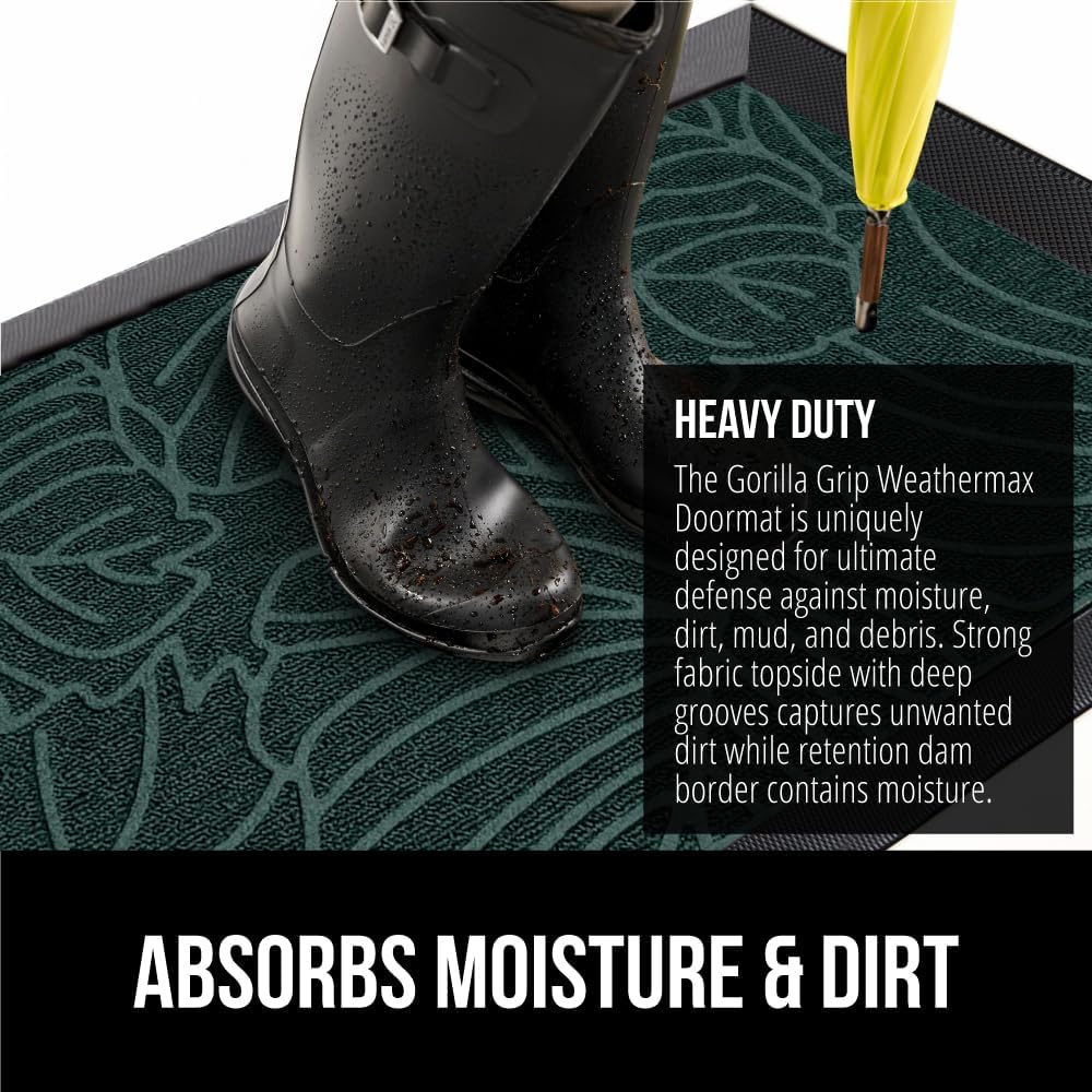 GORILLA GRIP 100% Waterproof All-Season WeatherMax Doormat, 47x35, US Designed Natural Rubber, Stain and Fade Resistant, Low Profile Indoor Outdoor Door Mats, Easy Clean Patio Mat, Green Palm