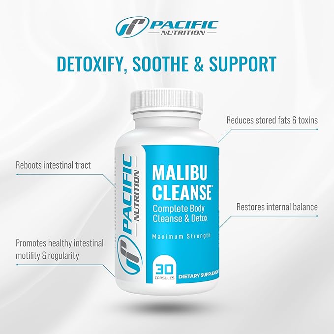 Full Body Detox - Malibu Cleanse Complete Body & Intestinal Cleanse with Senna Leaf, Cascara Sagrada Bark & Aloe Vera - Natural Detox for Men’s & Women’s Health, 30 Capsules