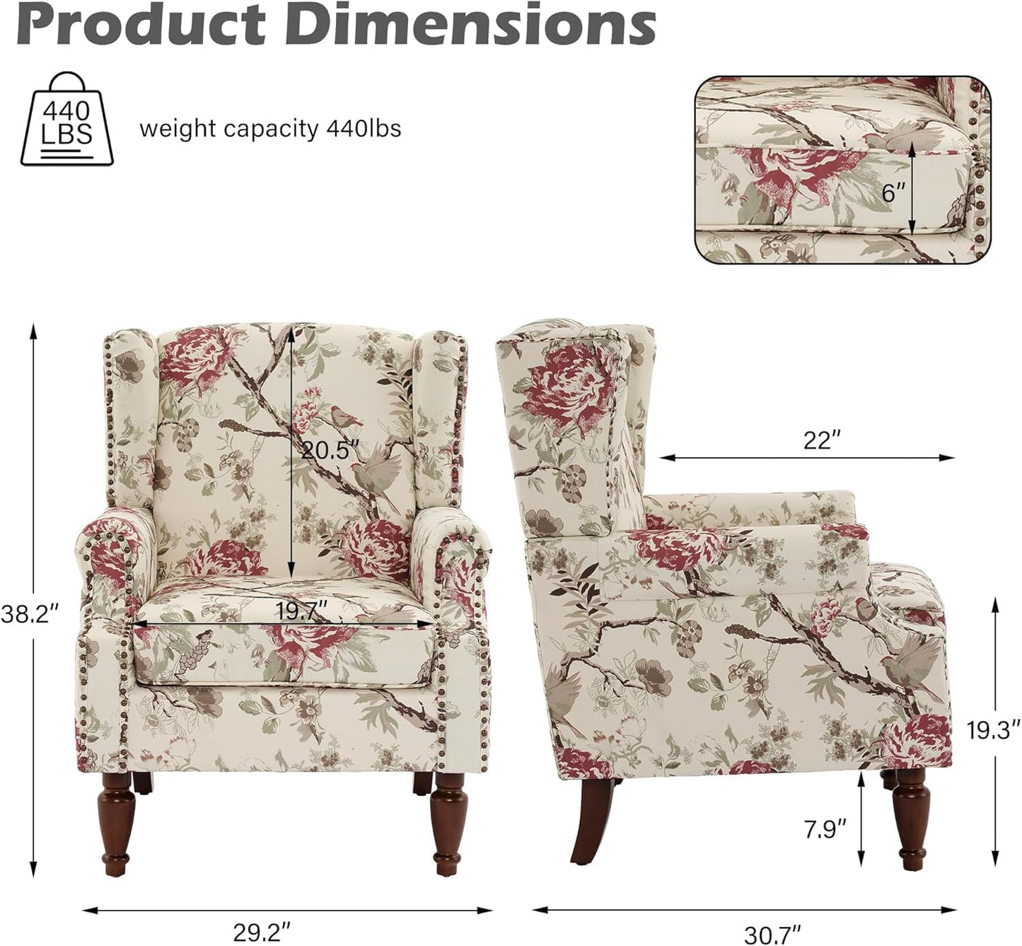 UIXE High Back Accent Chair, Wingback Upholstered Armchair in Fabric for Living Room, Retro Arm Chairs Nailhead Trim Single Sofa Bedroom Reading Seat with Solid Wood Legs - Beige Floral
