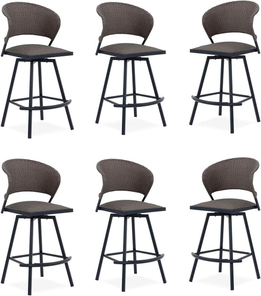 VICLLAX Patio Bar Stool Chairs with Footrests and Padded Seat, Bar Height Swivel Patio Chairs Set of 6, Brown Woven Wicker Swivel Bar Stools for Lawn Garden