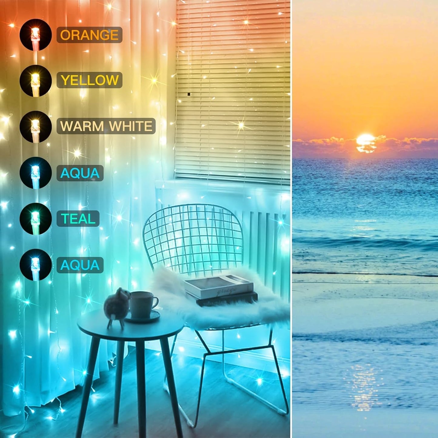 suddus Curtain Lights, 180 Led 6.5 * 5.9ft Sunset Curtain Fairy Lights USB, Hanging Lights for Bedroom, Backdrop, Room Decor, Wall, Window, Party, Tapestry, Multicolor
