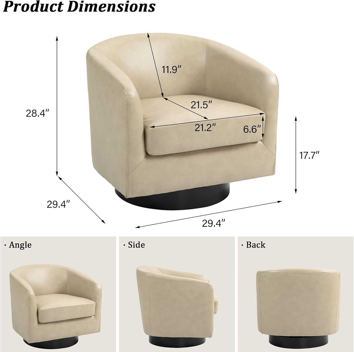 Swivel Barrel Accent Chair, Modern Round Faux Leather Arm Chair for Living Room, Bedroom, Comfy Club Reading Chairs for Adults, Faux Leather, Cream, Set of 1