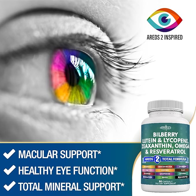 NEW AGE Eye Health Vitamins 6000mg Lutein 40mg Lycopene 40mg Resveratrol 3000mg Grape 6000mg Astaxanthin 180 Count