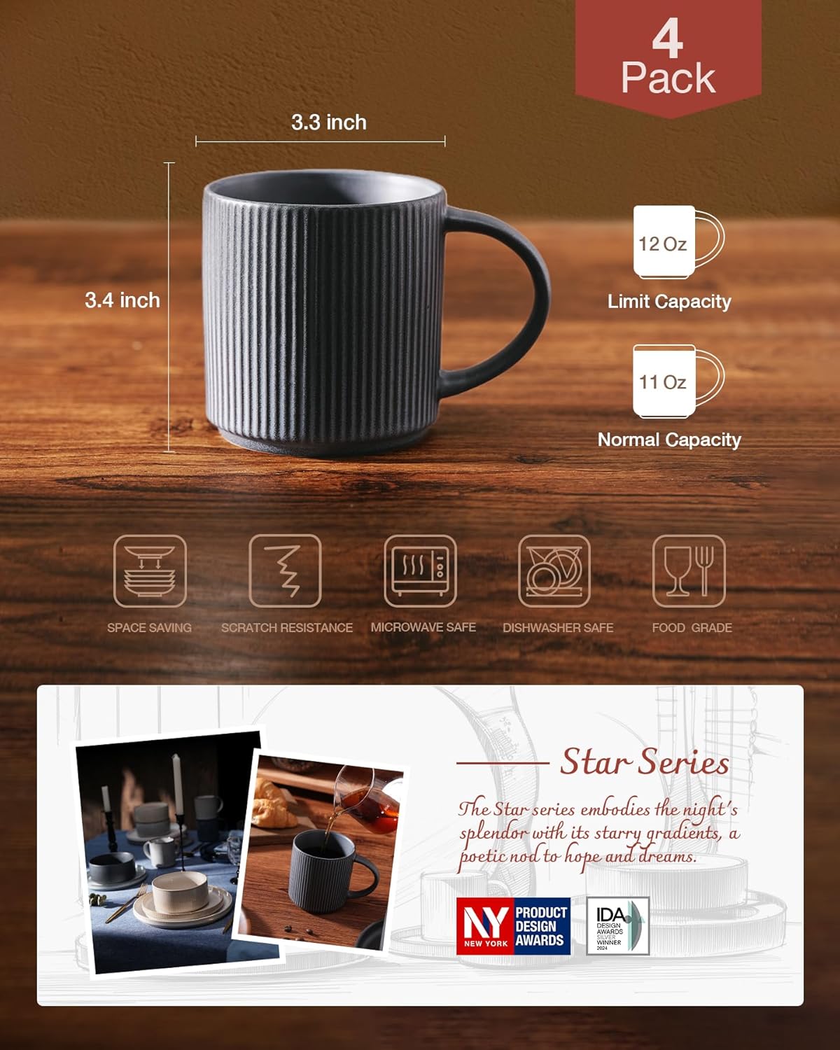 famiware Coffee Mug Set for 4, Star 12 oz Catering Mugs Cup Set with Handle for Coffee, Tea, Cocoa, Milk - Ceramic Stoneware Drinkware Set, Matte Dark Charcoal
