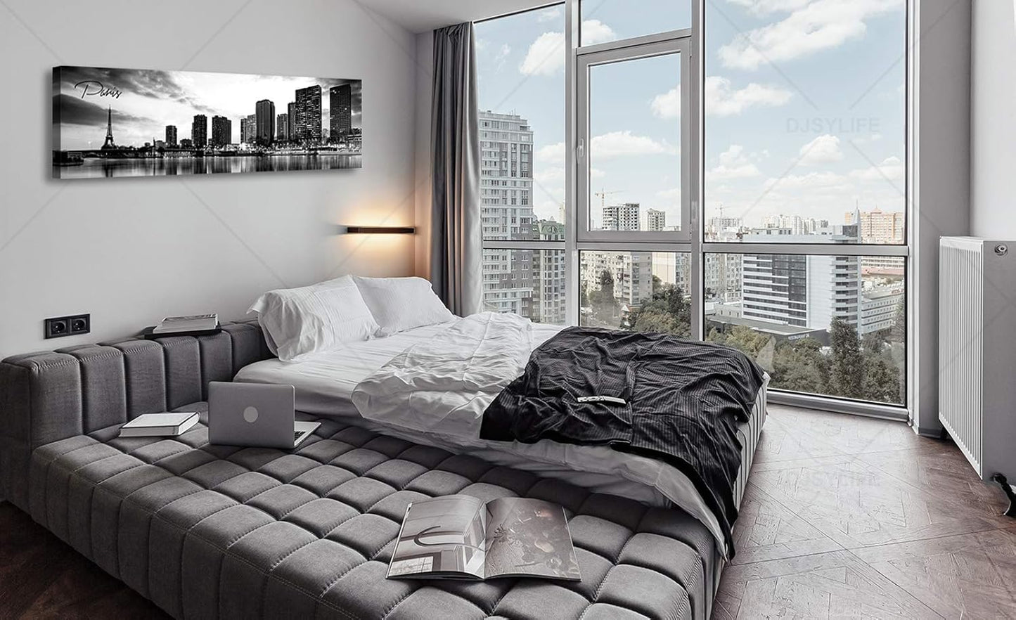 DJSYLIFE Paris Eiffel Tower Skyline Wall Art Black and White Modern City Night View Panoramic Cityscape Picture Paintings Canvas Prints Office Room Home Decoration Artwork Framed 13.8"X47.3"
