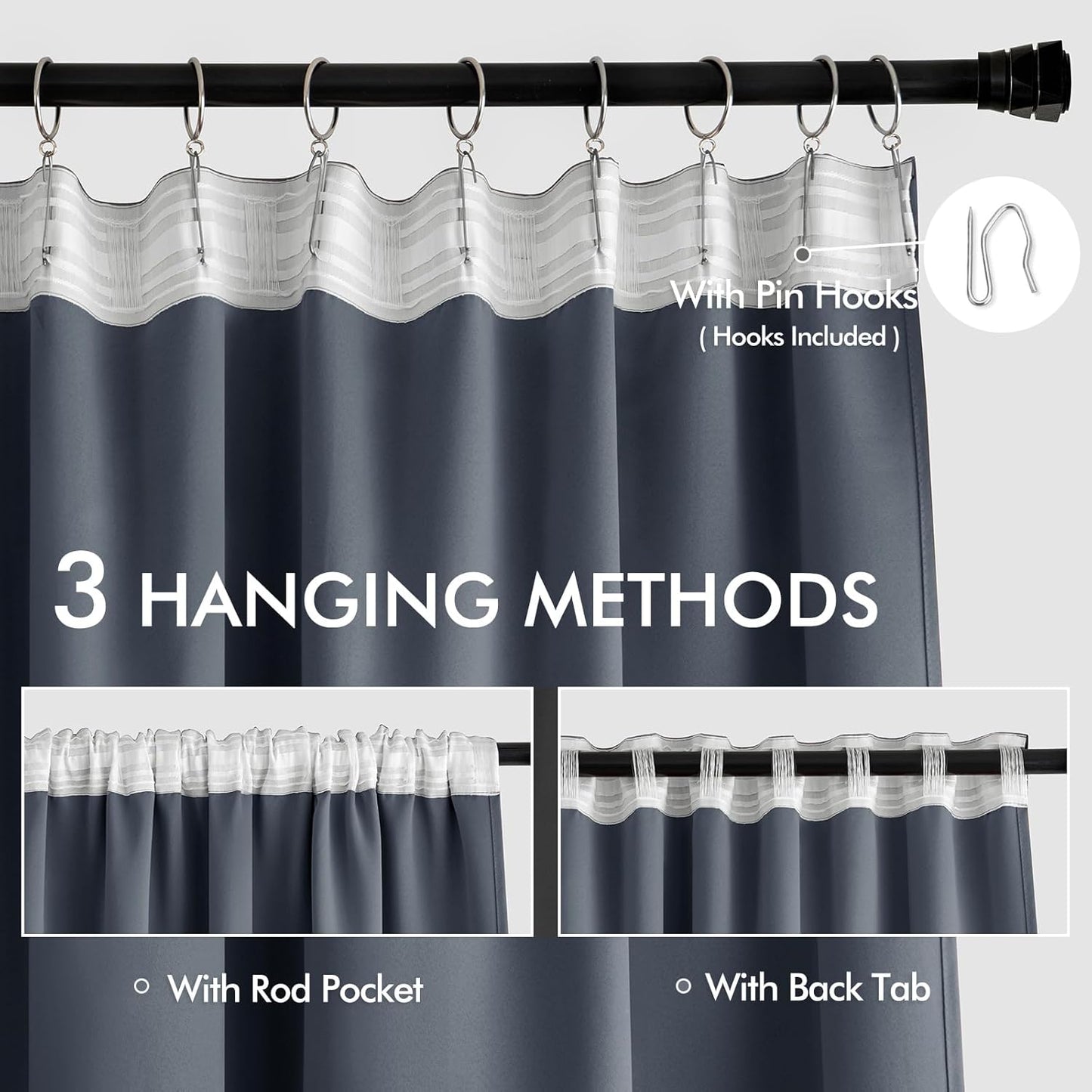 MIULEE Stone Blue Back Tab Blackout Curtains 108 Inch Long 2 Panels Set for Bedroom, Rod Pocket/Pinch Pleat Extra Long Thermal Insulated Living Room Darkening Pleated Light Blocking Drapes