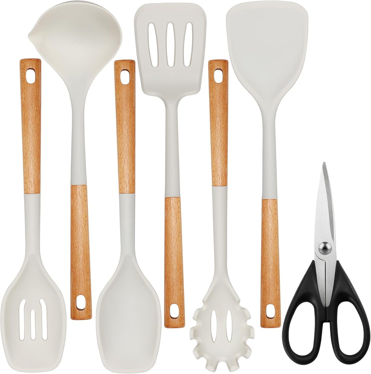 QMVESS Silicone Cooking Utensils Set, Kitchen Utensils Set 7 Pcs with Long Wooden Handle, Food Grade and Heat Resistant Large Silicone Spatula Set for Nonstick Cookware, BPA Free(White)