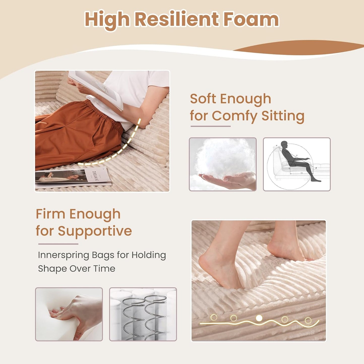 HOOOWOOO Cloud Sectional Couches for Living Room,Modular Sectional Sofa No Assembly,Plush Corduroy Large Floor Couch Furniture Set with Deep Seat Right Chaise L Shape(Beige)