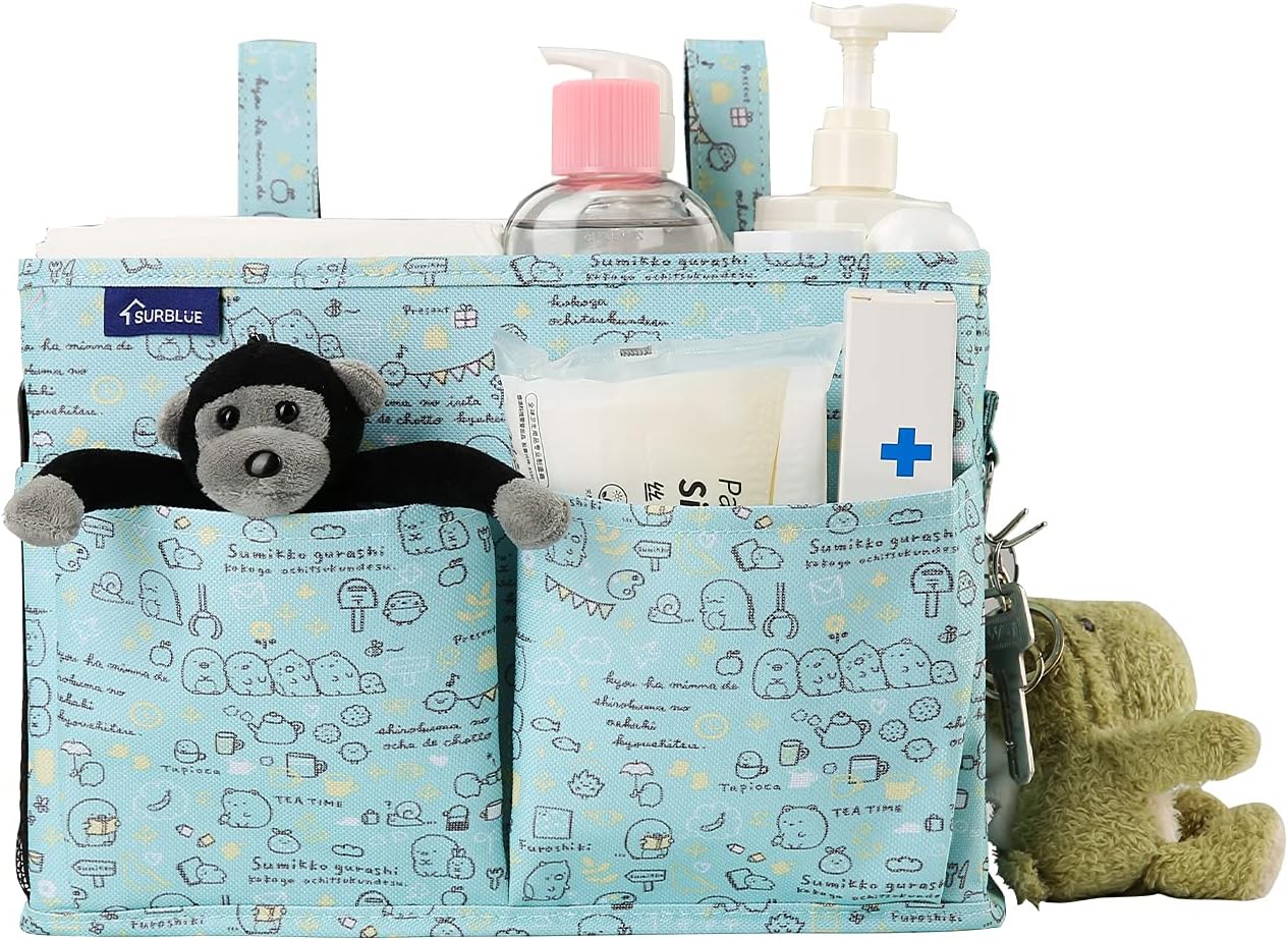 Surblue Bedside Caddy Hanging Bed Organizer Storage Bag Pocket for Bunk and Hospital Beds, College Dorm Rooms Baby Bed Rails,Camp Chiars,Wheelchair Side Bag,4 Pockets and 2 Hooks (Cartoon)