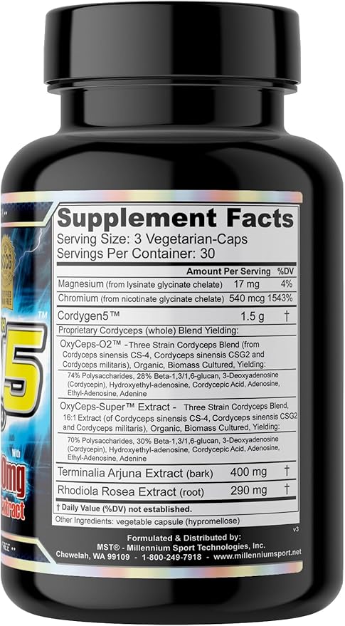MST Millennium Sport Technologies, Cordygen5, US Grown Cordyceps ATP Supplement, Terminalia Arjuna Extract, Preworkout and Pre Endurance, Immune Support, BSCG Certified Drug Free, 90 VCaps
