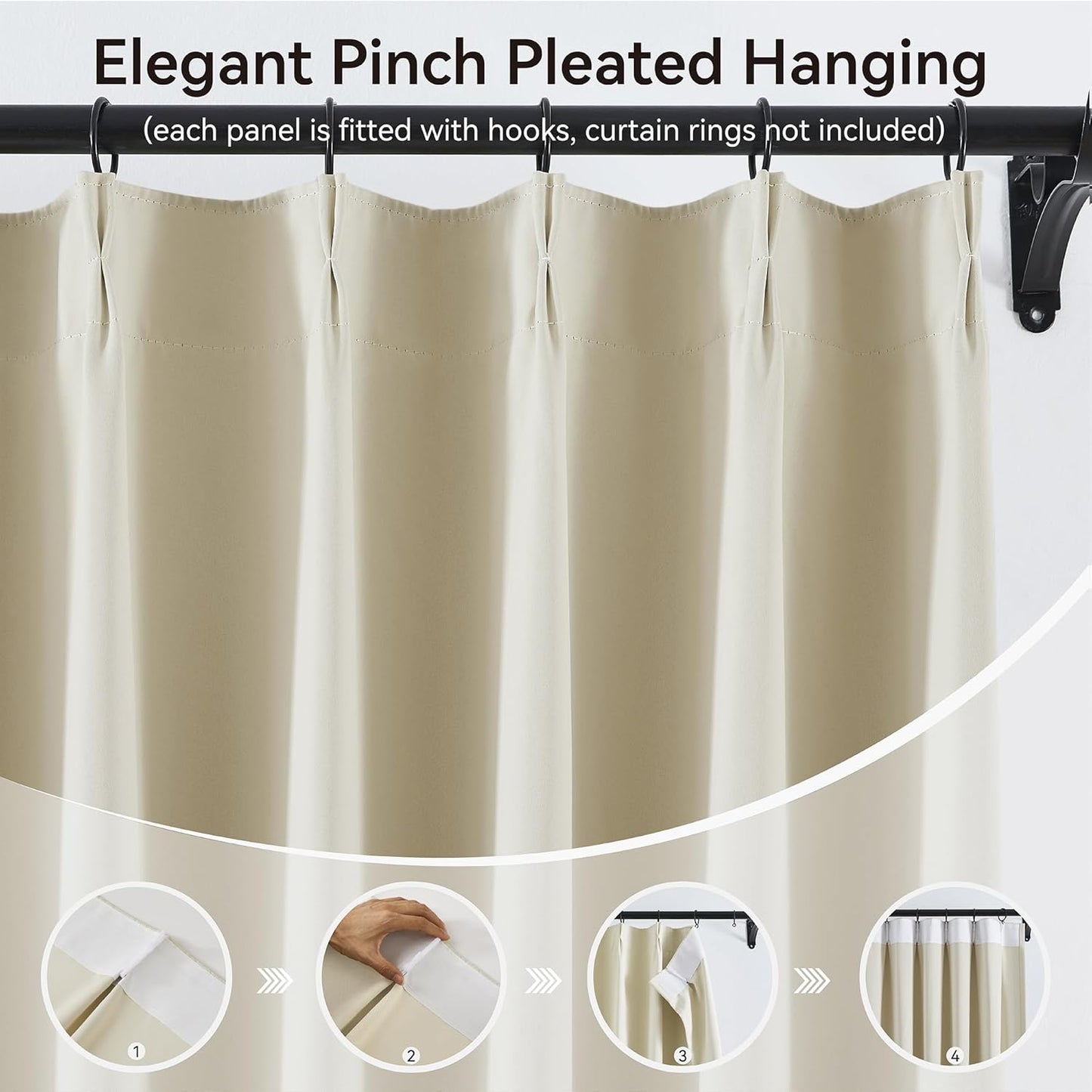 KangBang Cream Beige Curtains 102 Inches Long 2 Panels Set, 60 Inch Wide Pinch Pleated Blackout Draperies for Sliding Glass Door Cottage, Memory Trained Elegant Modern Decor, W60xL102