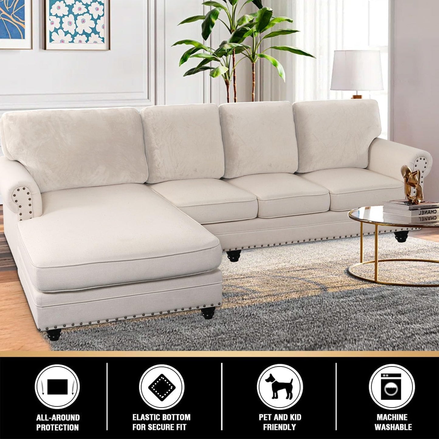 PrinceDeco Sectional Couch Covers Velvet Cushion Covers for Sectional Couch Washable Cushion Covers for Sectional Sofa Pet Friendly Sectional Sofa Slipcovers(1 Chaise Back+ 3 Sofa Back,Ivory)