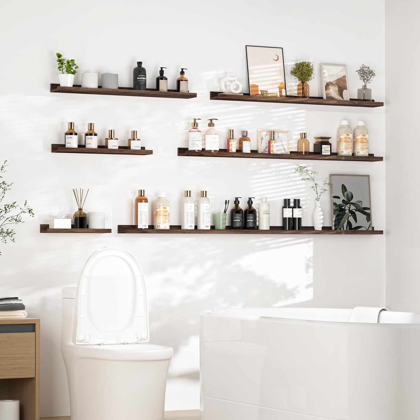 Heimlove Picture Ledge Shelf, Floating Shelves Set of 2, 48 Inches Picture Shelf for Wall with Ledge, Kids Bookshelf Wall Mounted for Living Room Bedroom Decor Books Photo Frames, Walnut