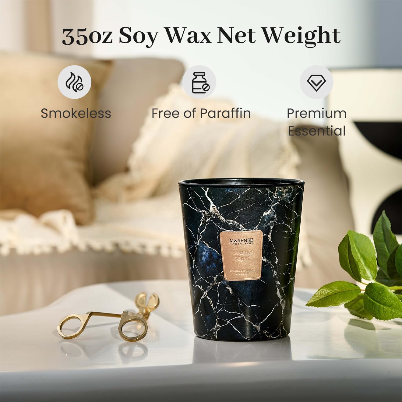 M&SENSE LeatherNight Scented Candles for Home, 3-Wick Highly Scented Jar Candles, Extra Large Candle 35 Oz 150 Hours Long Lasting Burning, Relaxing Aromatherapy Candle for Stress Relief, Meditation