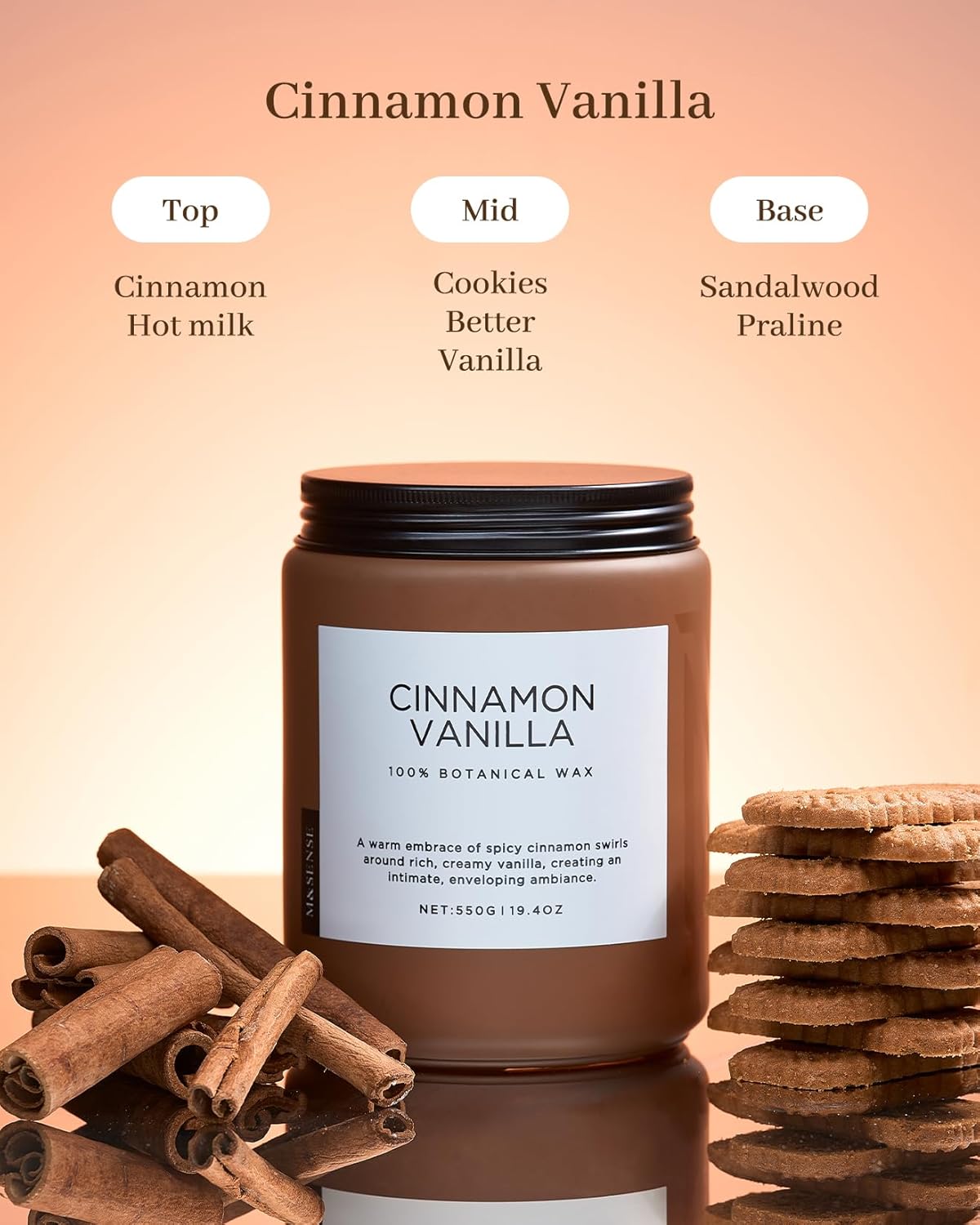 M&SENSE Cinnamon Vanilla Fall Scented Candles for Home, Natural Soy Wax 19.4oz 110 Hours Large Long Lasting Strong Scented Classic Christmas Holiday 2 Wicks Candle Gift Home Decor