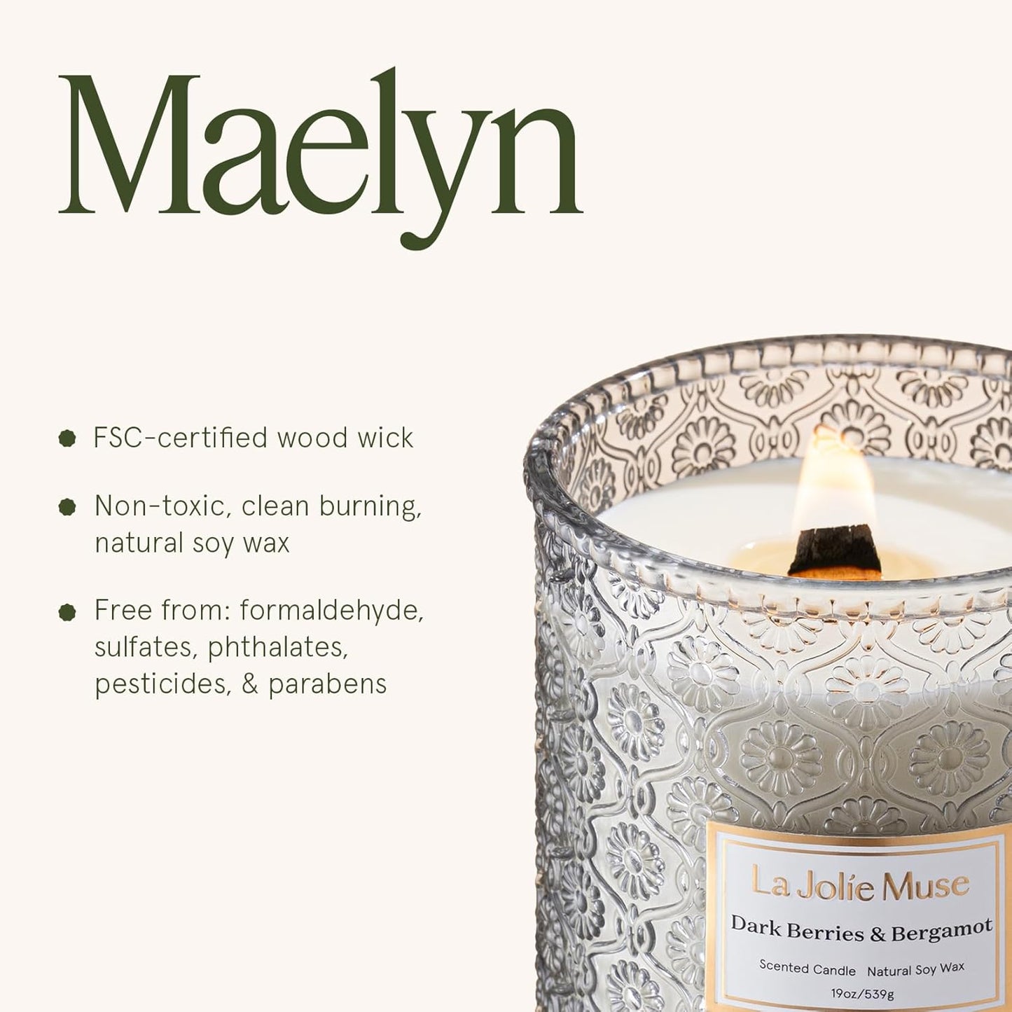 LA JOLIE MUSE Dark Berries & Bergamot Candle - Berries, Grape, Caramel | 19 oz Large Wooden Wick Candle | Natural Soy Wax | 90 Hours Clean Burn | Gift-Ready for Hosts & Gatherings | Elegant Home Décor