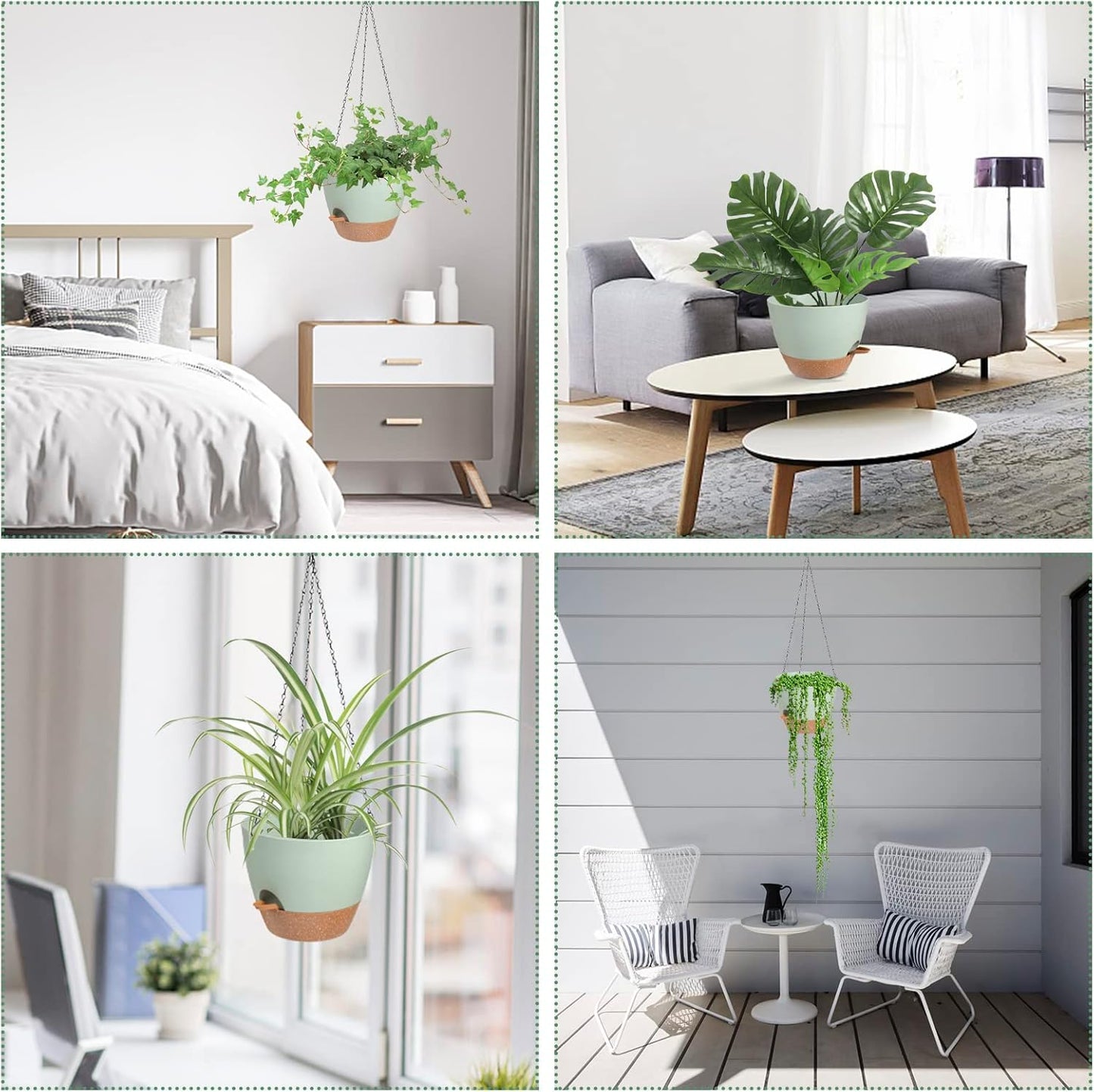 Hanging Planters for Indoor Outdoor Plants, 2 Pack Self Watering Hanging Pot with Drainage Holes & Removable Tray (Green, 10'')