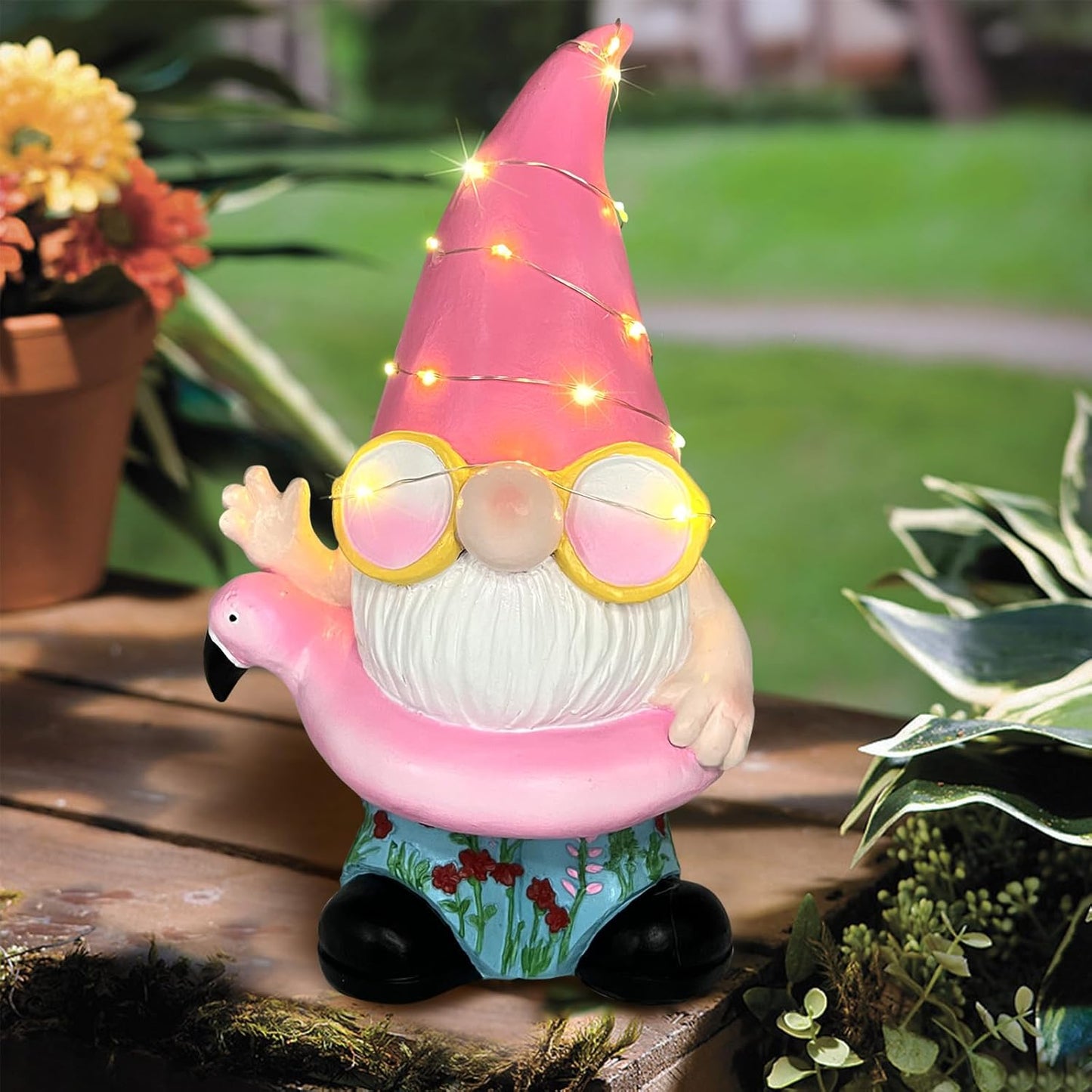 BAYN Garden Gnome Statues Outdoor Decor, Solar Powered Outdoor Gnome with Flamingo Swimming Decorative Yard Garden Lights Art Gifts with 11 Warm White LEDs