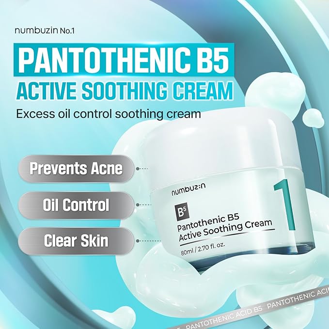 numbuzin No.1 Pantothenic B5 Active Soothing Cream | Lightweight Hydrating Moisturizer, Pantothenic Acid, Niacinamide, Panthenol | Excess Oil Control, Soothes Acne | Non-Comedogenic | 2.70 fl. oz.