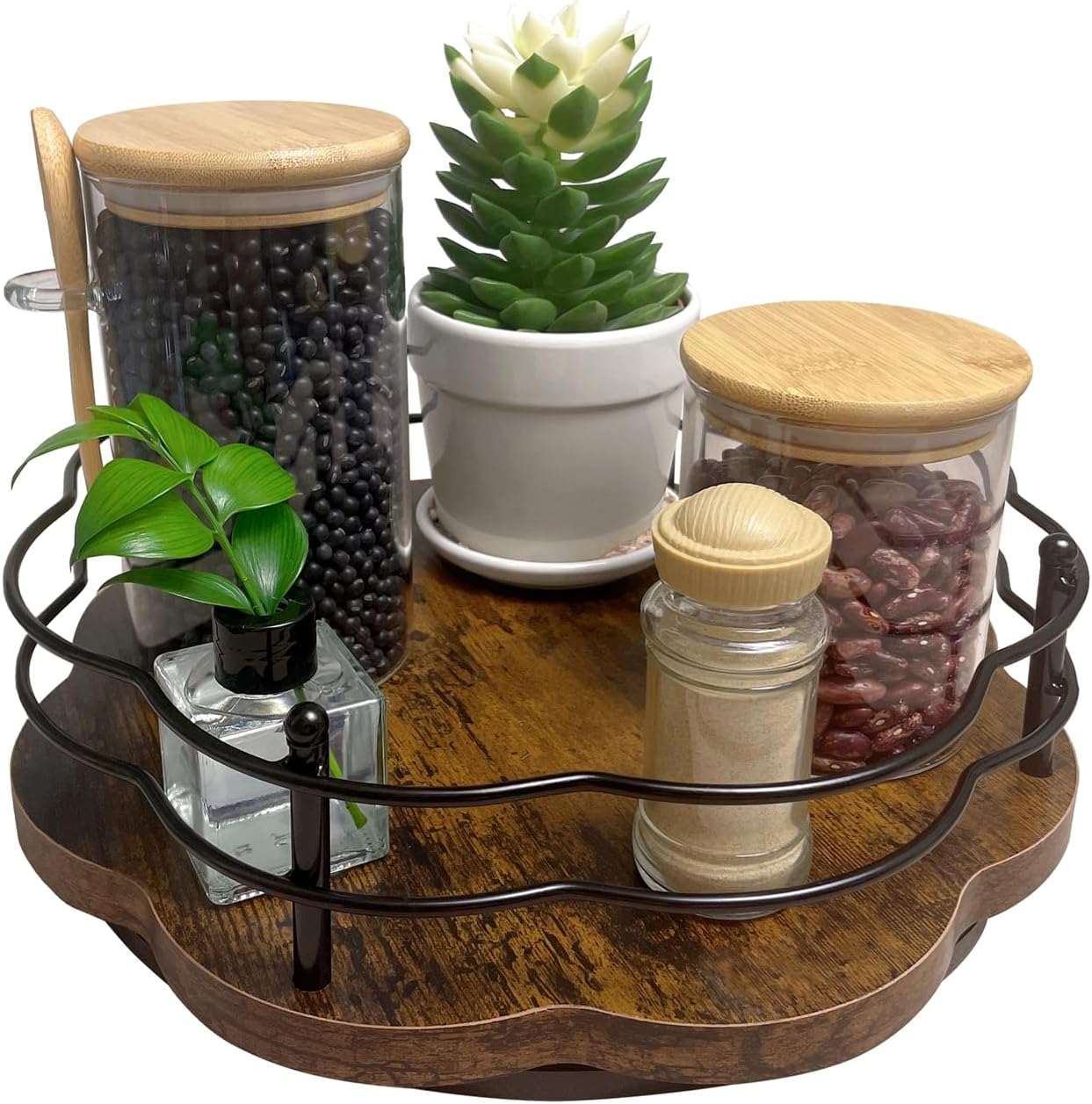 13" Lazy Susan Turntable Organizer with Higher Metal Sides, 360ยฐ Rotating Wooden Lazy Susan Organization and Storage for Cabinet,Kitchen,Countertop,Table Top,Dining Table,Coffee Bar Decor