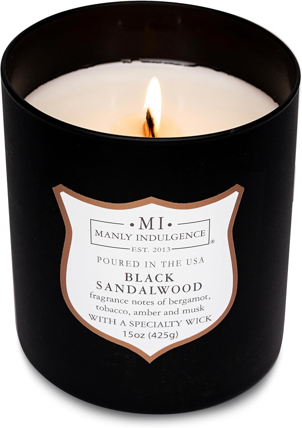 Manly Indulgence Black Sandalwood Scented Candle for Men 15 oz – Bergamot, Tobacco, Amber & Musk - Wood Wick - Up to 60 Hours Burn - Soy Blend Wax, USA Poured – Signature Collection