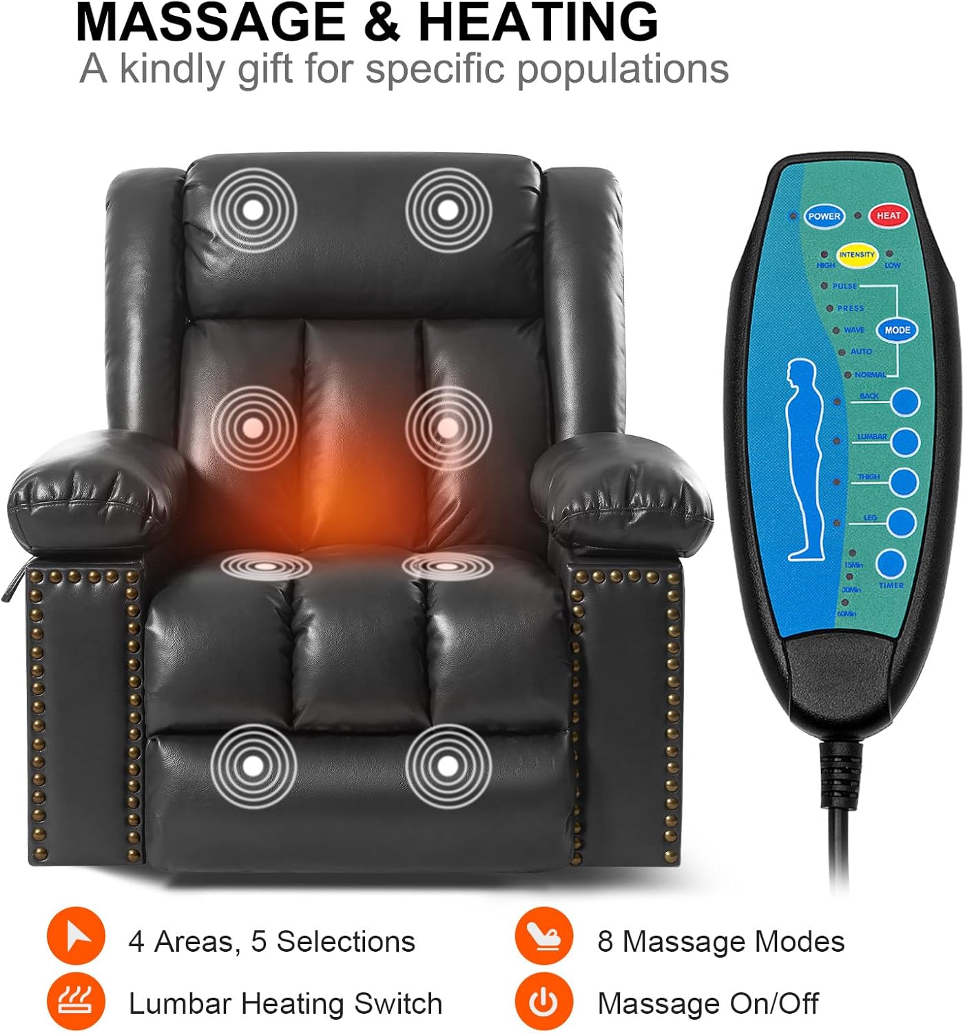 Electric Power Lift Recliner Chair for Elderly with Heat & Massage, Breathable Leather Large Reclining Chairs w/2 Concealed Cup Holders for Seniors Home Living Room,1PC,Grey