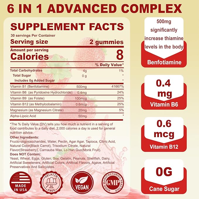 Vitamin B1 Gummies Benfotiamine 500mg B1 B6 B6 B12 B12 Complex, B1 Vitamins 2 Pack