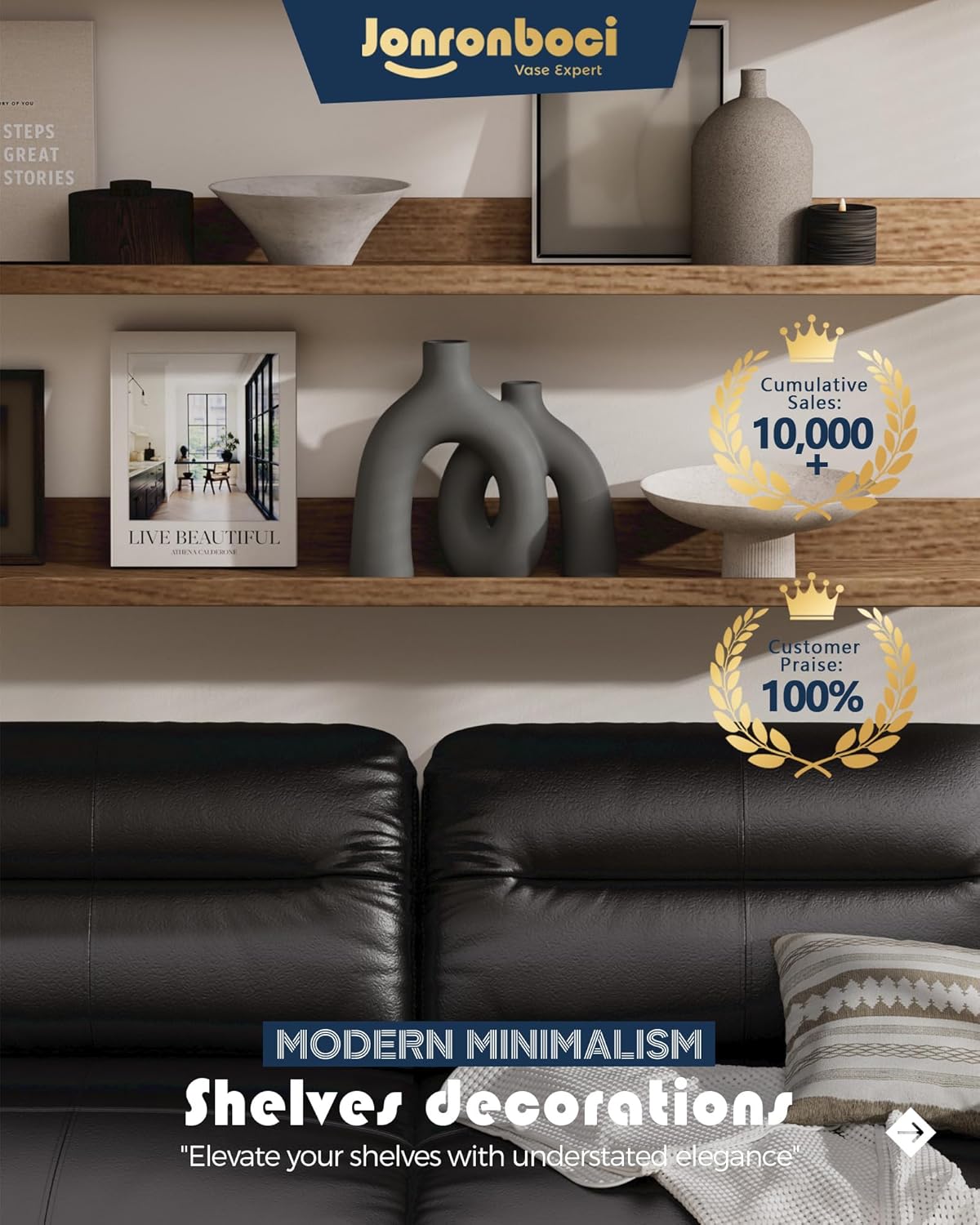 Hug Donut Decorative Vase Set - Dark Gray Modern Minimalism Industrial Style Vases Home Decor, Matte Ceramic Decorations for Living Room Shelf, Bookshelf Mantle Entryway Table or Console Décor(Gray)