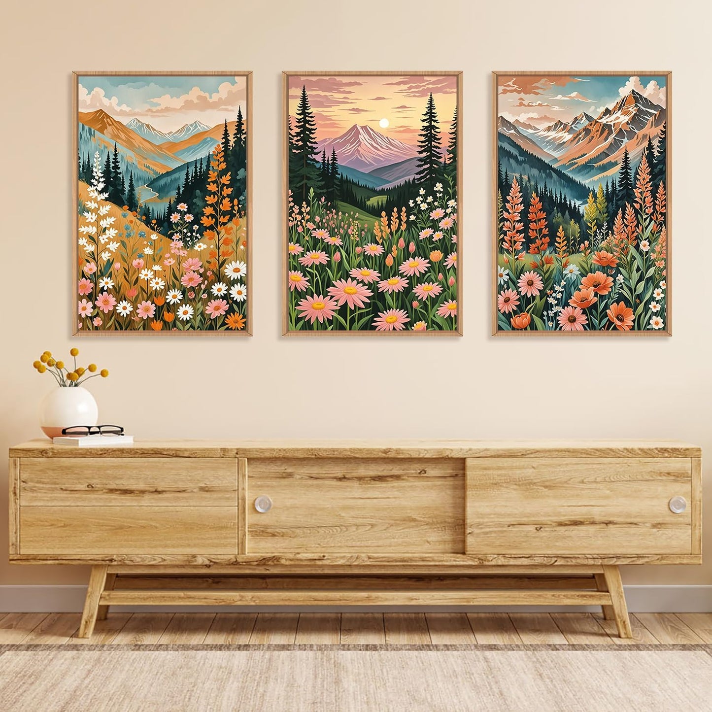 HPINUB Mountain Sunset Floral Framed Canvas Wall Art Set,Colorful Wildflower Daisy Flower Wall Decor,Boho Blossom Botanical Artwork Modern Nature Landscape Art Print for Living Room,Bedroom-24 x36 x3