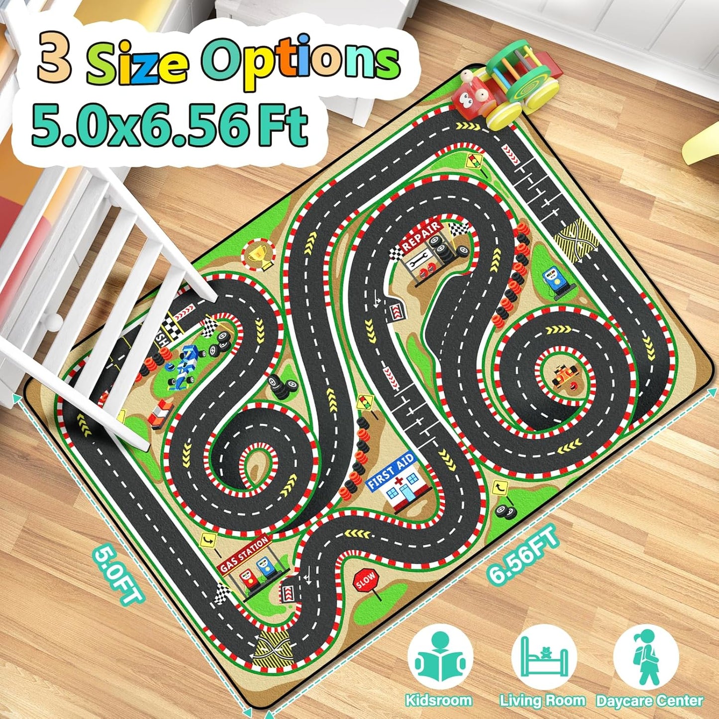 Kids Rug, Race Track Baby Play Mats, Realistic 3D Cascading Surround Route,5x7 Ft Kids Rug for Playroom, Great for Playing with Cars and Toys, Non-Slip Car Carpet