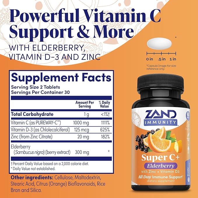 Zand Immunity Super C+ with Elderberry, 1000mg PureWay-C D-3, Enhanced 60 Tablets, 30 Servings
