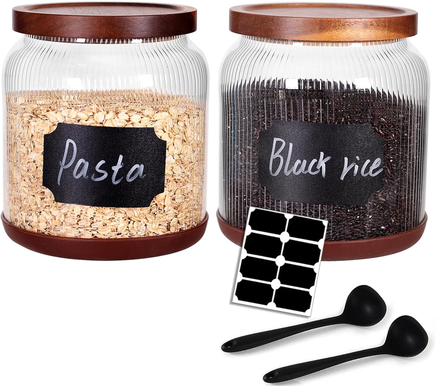 SAIOOL 2-Pack Striped Borosilicate Glass Airtight Canisters - Big mouth Large Capacity, Acacia Wood Lid, Food Storage Jars for Flour, Pasta, Pantry Organization (1/2 Gallon (Striped 2 pack))