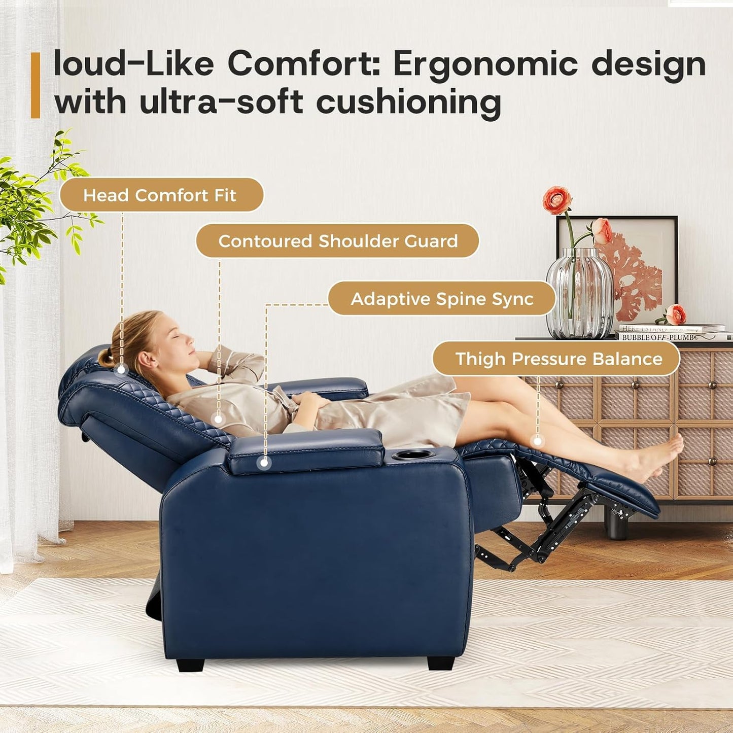 ANJ Power Home Theater Seating Set of 3, Blue Faux Leather Electric Recliner Chair with Powered Headrest, Dual Motors Movie Reclining Chairs with LED Lights,USB Port,Cup Holders, Hidden Arm Storage