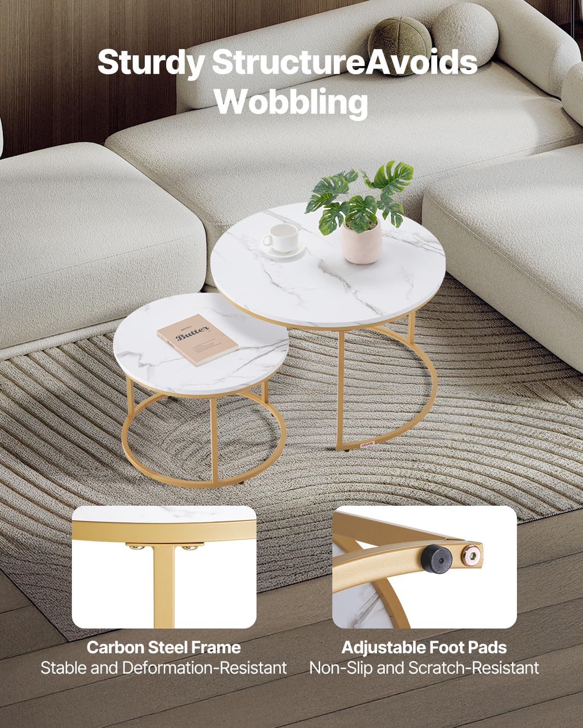 VEVOR Nesting Tables, Coffee Table Set of 2, 27.6 inch Round Coffee Table, Small Coffee Tables Night Stand with Metal Frame, for Living Room, Bedroom, Office (White & Gold)