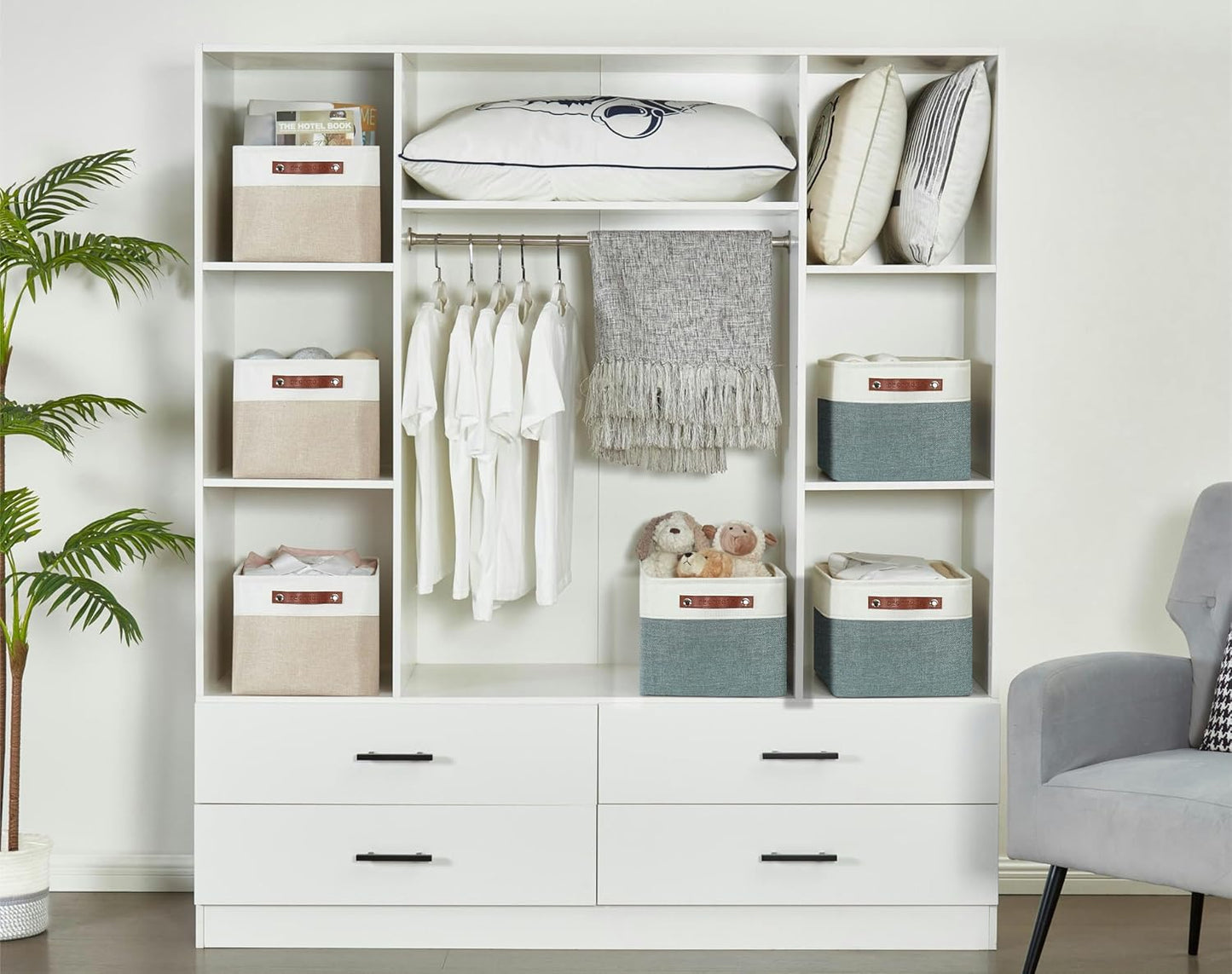 DECOMOMO Storage Bins Fabric Storage Baskets for Shelves, Linen Closet Organization Toys Nursery (Green and White, Large - 4 Pack)