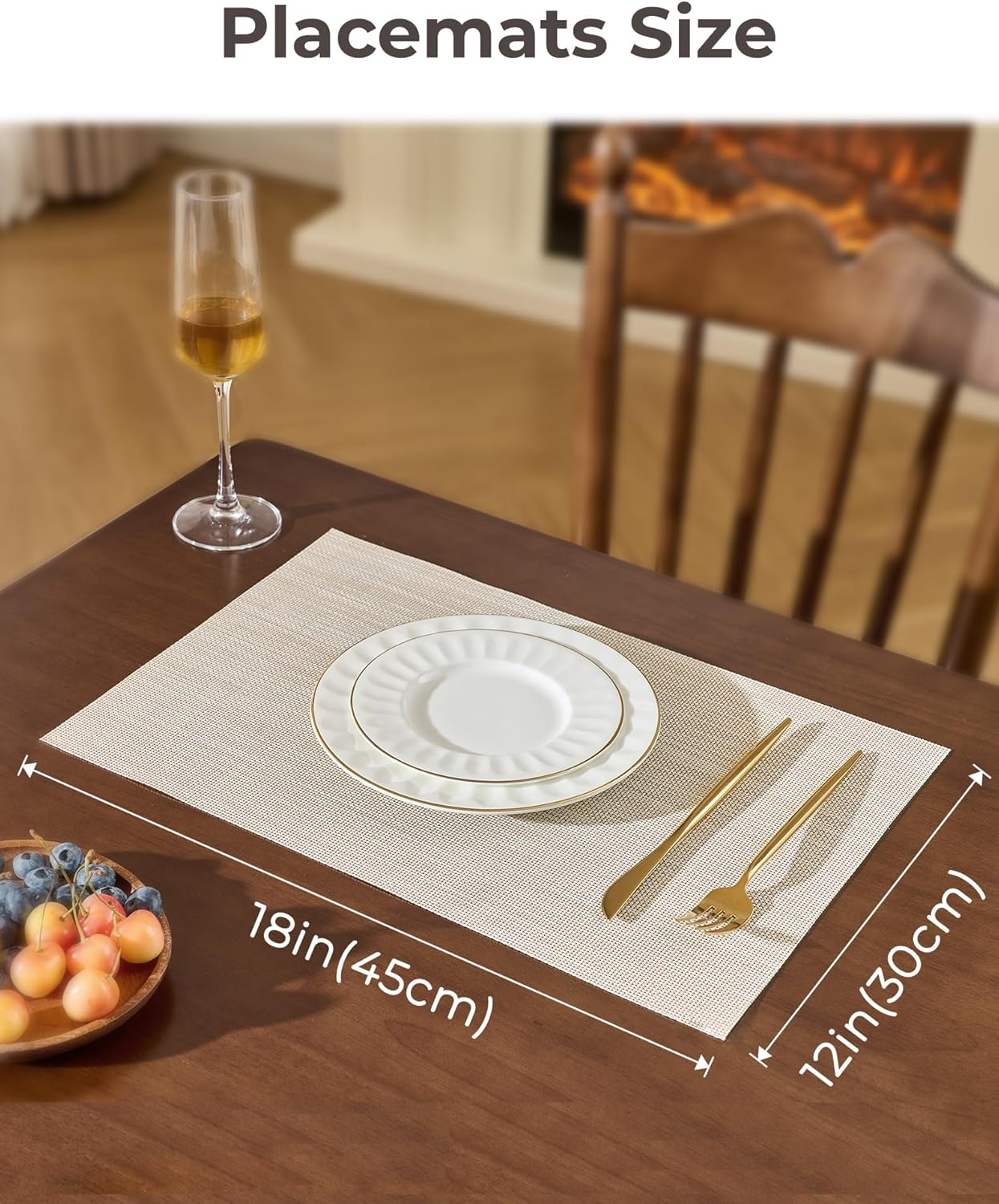 Leetaltree Beige White Placemats Set of 6 - Heat Resistant Non-Slip Place mats for Dining Table, Washable Durable PVC Vinyl Woven Table Mats(Beige White, 6)