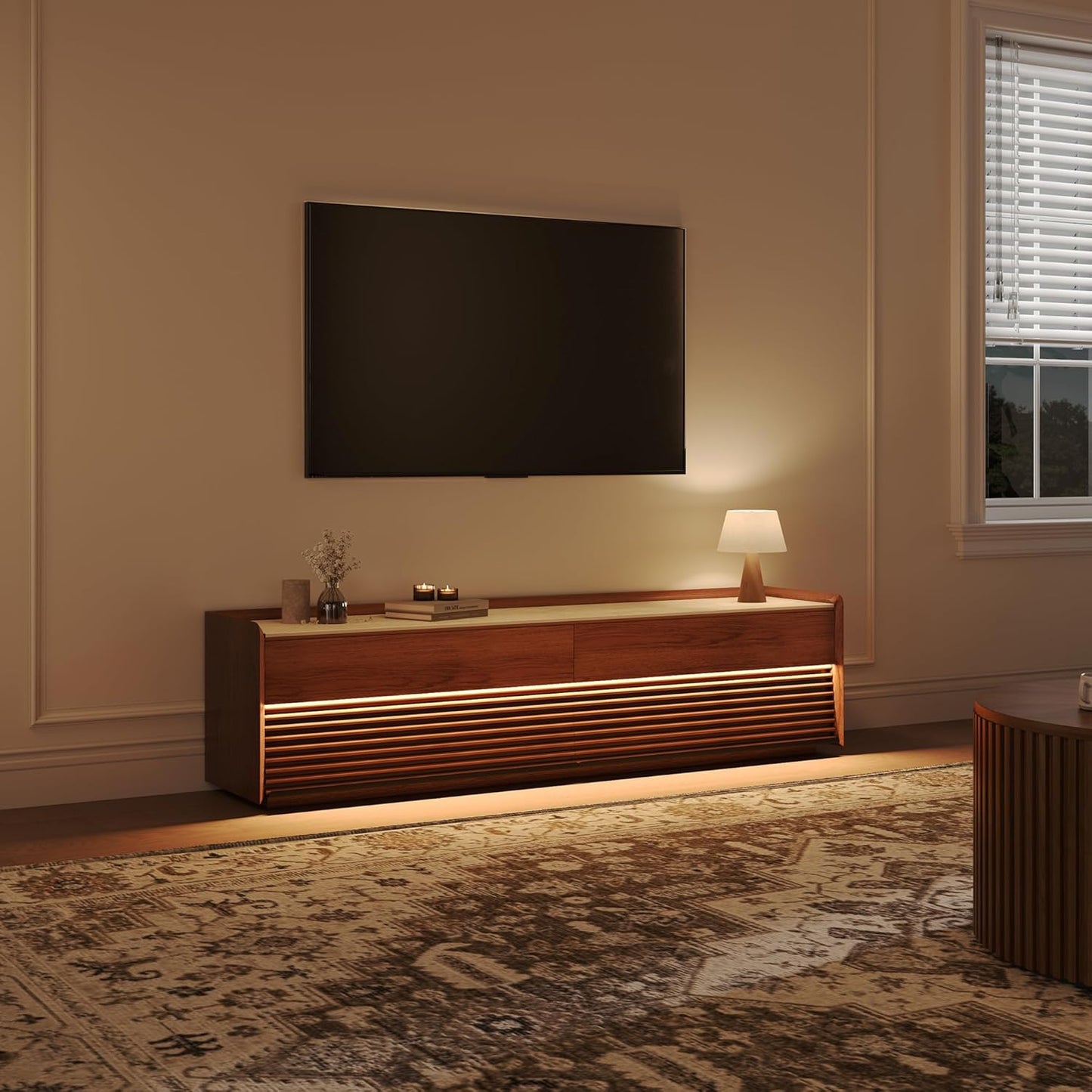 POVISON Fully-Assembled Mid Century Matte Sintered Stone TV Stand, 70.87" Wood Media Console with Adjustable LED Light, Entertainment Center with Storage for Living Room