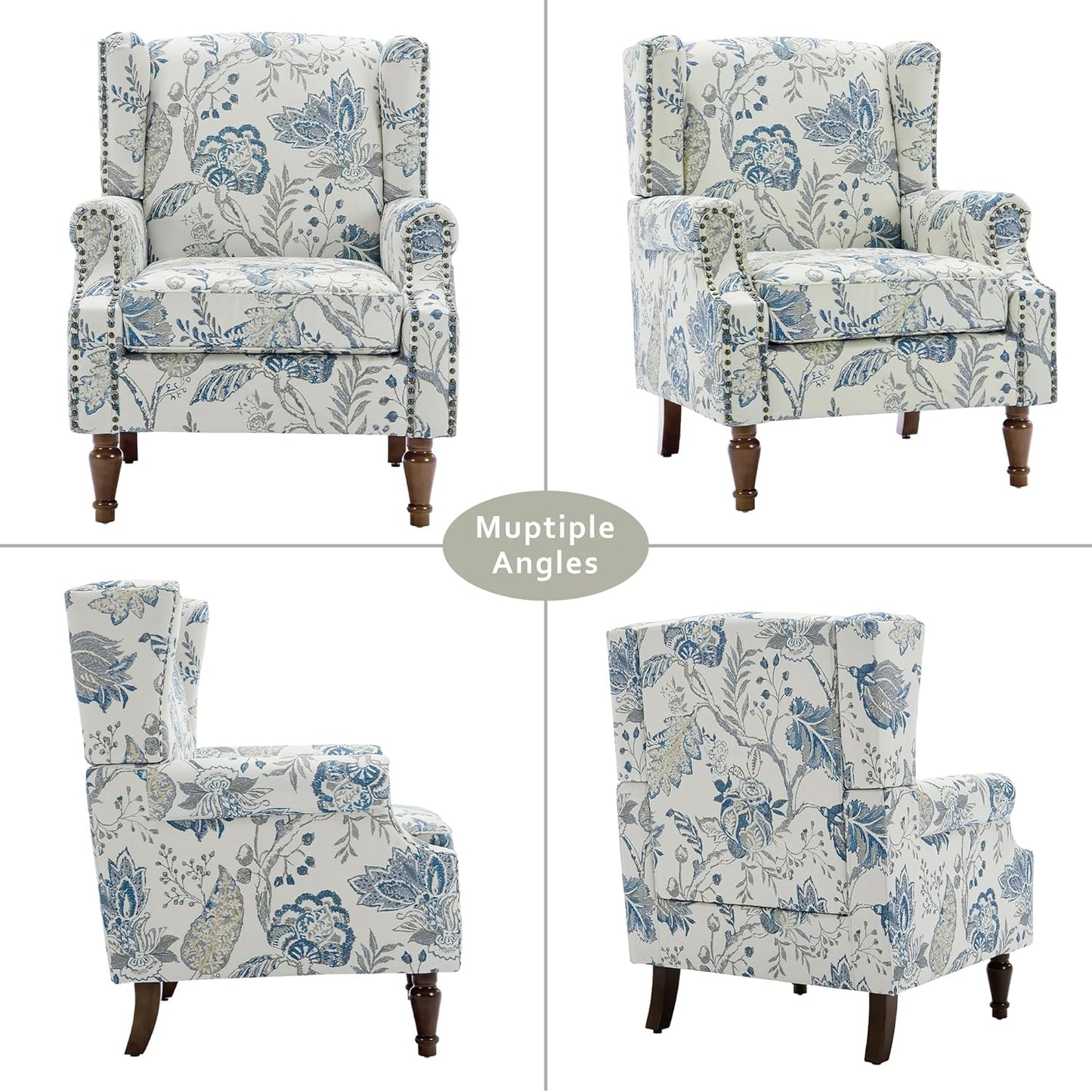 Lumibee Wingback Accent Chair, 2 Set High Back Floral Armchairs in Fabric,Comfy Upholstered Reading Single Sofa Chairs with Solid Wood Legs for Living Room,Bedroom,Office-Plants Blue