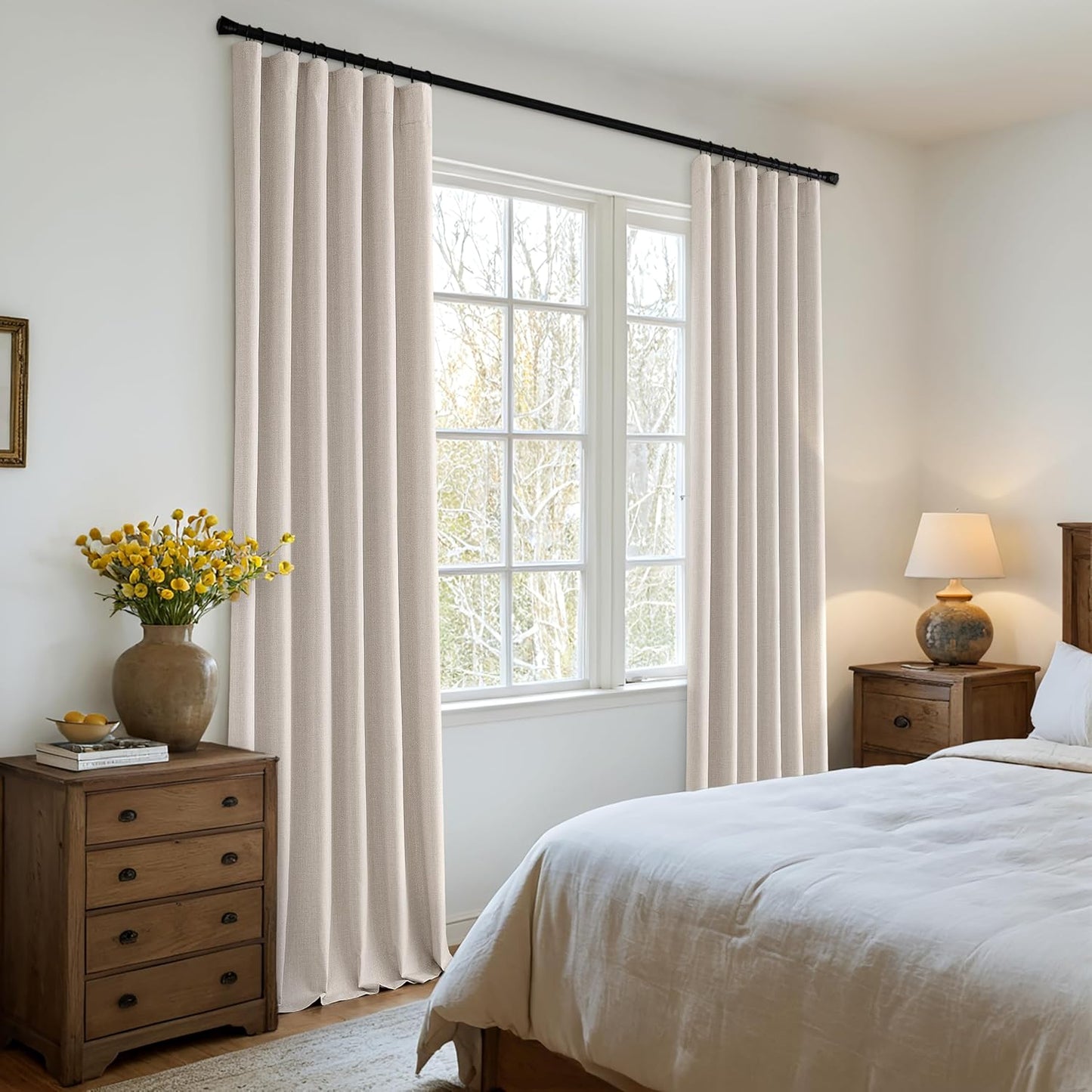 MIULEE 100% Blackout Curtains 96 Inch Long 2 Panels Set for Bedroom, Thick Faux Linen Black Out Curtain Room Darkening Back Tab Pleat Floor to Ceiling Window Drapes with Hooks for Living Room, Beige