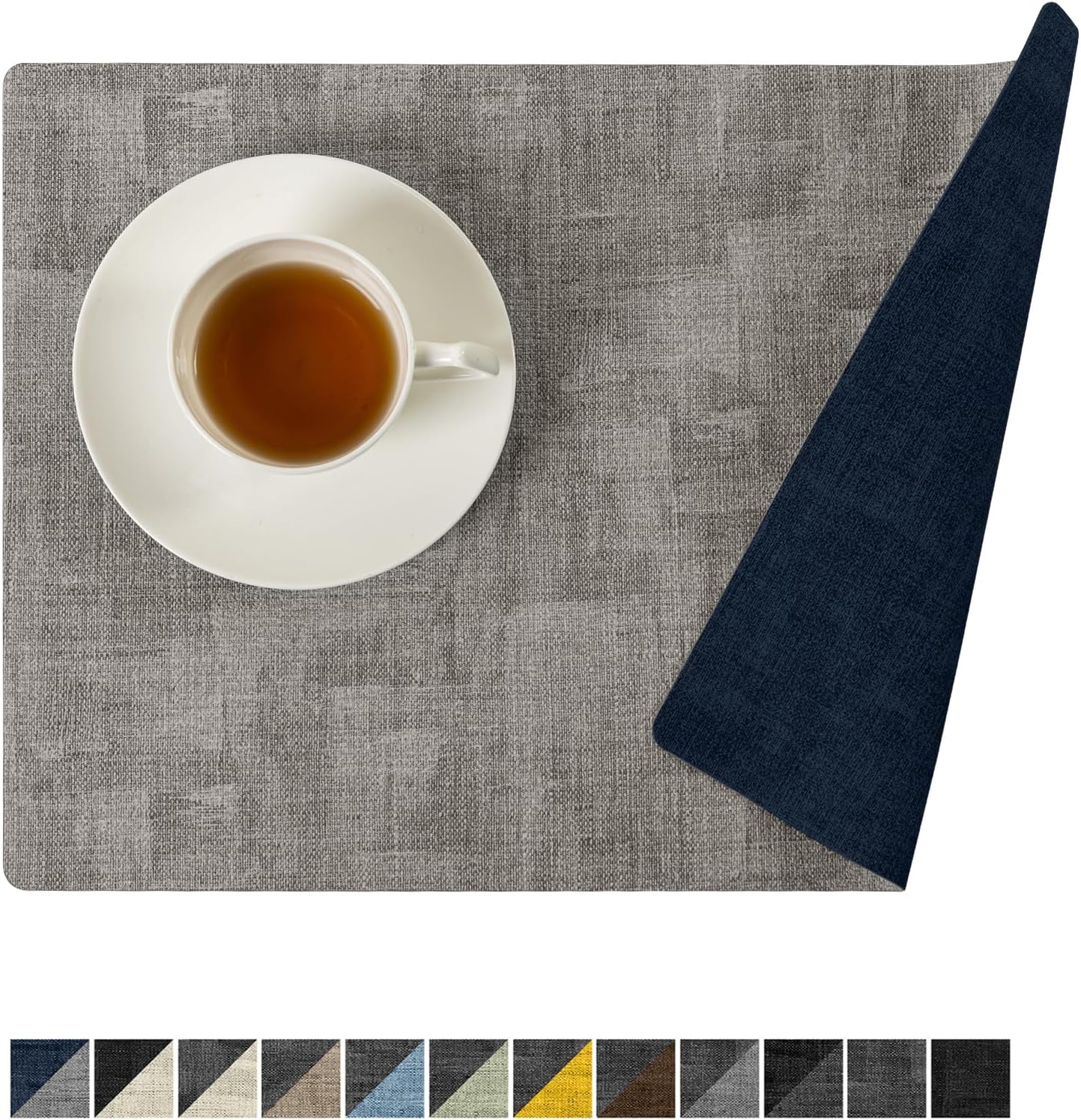 Romanstile Reversible Vinyl Placemats Set of 8, Faux Leather 100% Waterproof Oil-proof Wipeable Place Mats, Heat Resistant Dual Sided Table Mats for Kitchen/Dining/Party (Grey Nave Blue, 12 x 17 Inch)