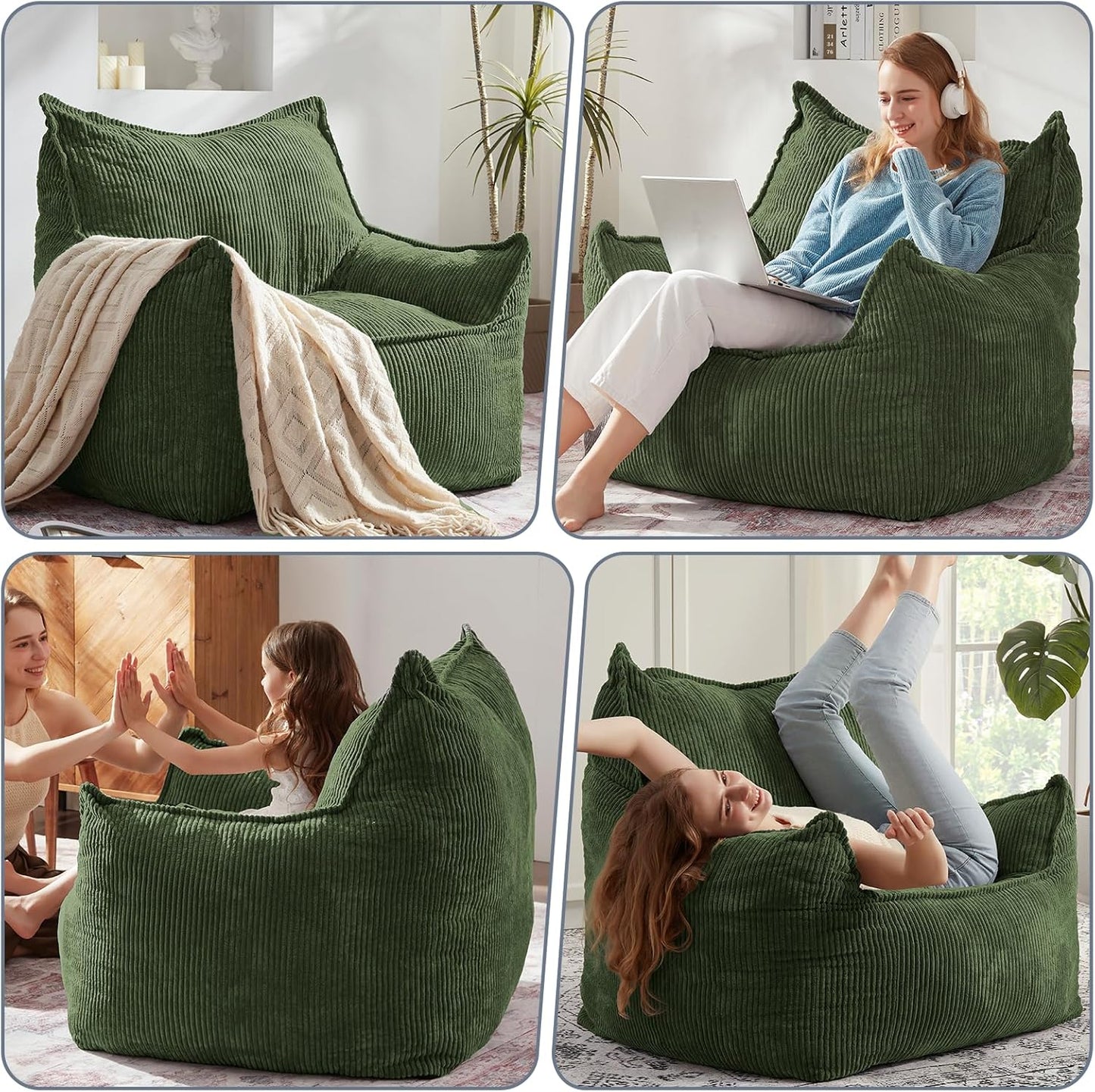 Giant Bean Bag Chair Sofa for Adults Teens, Comfy Corduroy Large Bean Bag Chairs with Armrests for Bedroom Living Room, Adult BeanBag Lazy Sofa Couch Chairs with Filler Included
