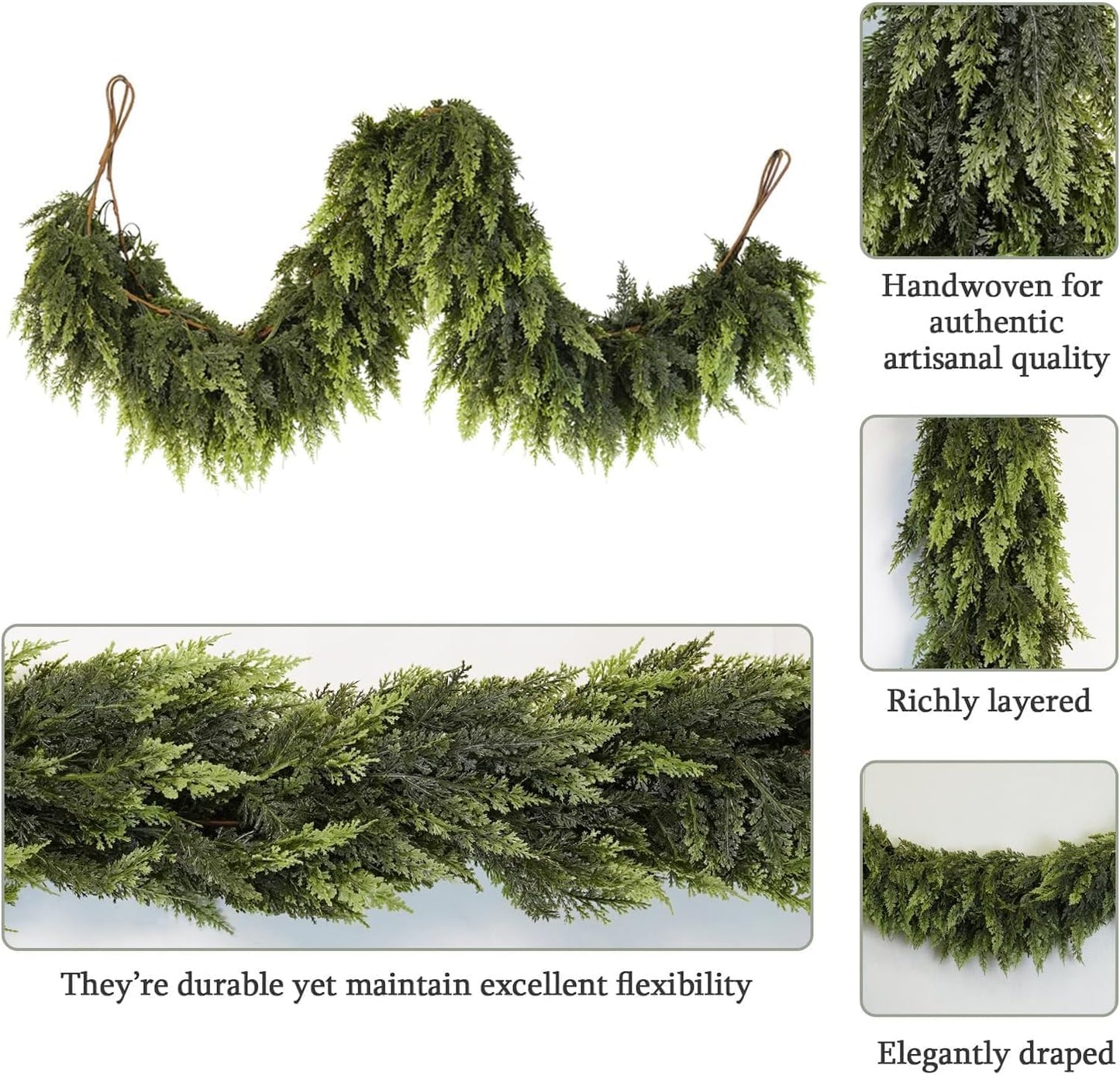 6 Ft Artificial Cedar Garlands – Real Touch Winter Greenery, Realistic Artificial Cedar Tree Christmas Pine Garland Decorations for Table Mantle Wall Indoor Fireplace Holiday Party (6ft, 1)