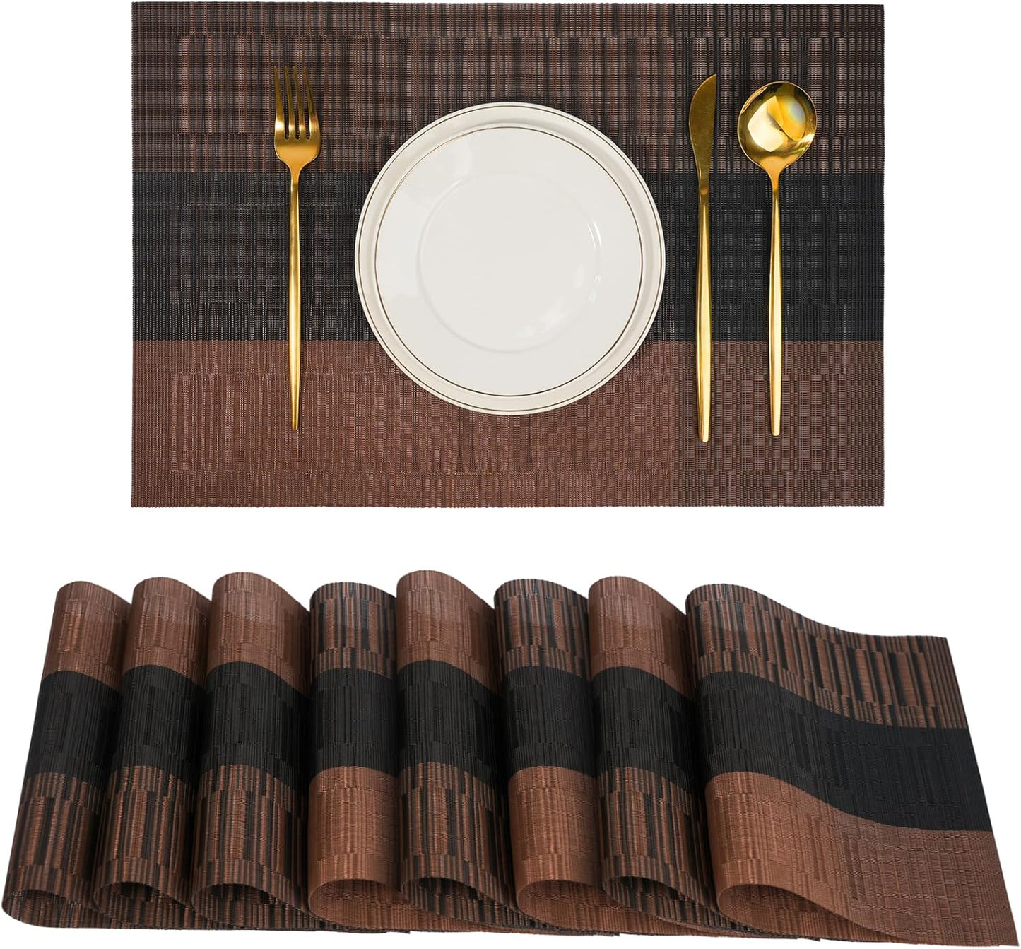 Placemats Set of 8,Non-Slip PVC Weave Table Mats Easy to Clean,Heat Resistant Place Mats for Kitchen Dining Table Decoration Indoor Outdoor,Black Brown